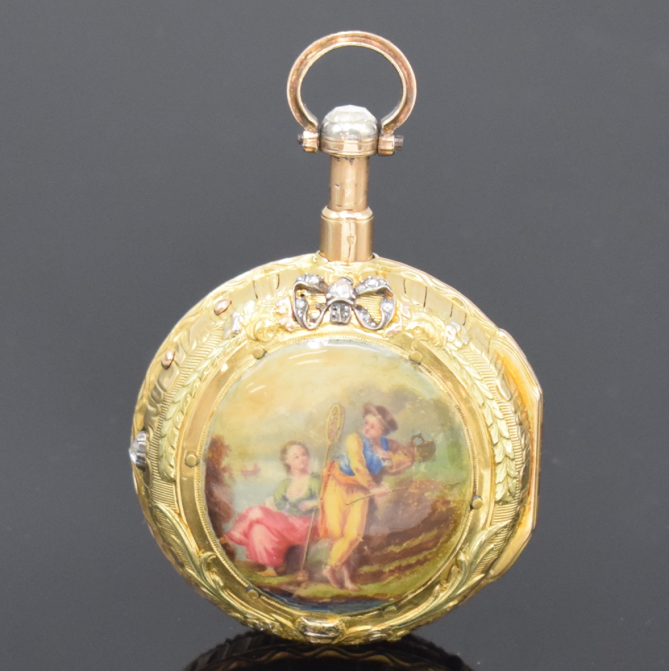 Detail a: ROMILLY A Paris Spindeltaschenuhr mit 1/4- Stunden-Repetition, Frankreich um 1790, aufw. 18k Goldgeh. reich verz., Glasrand, Bügel und Öffnungsdr. ...