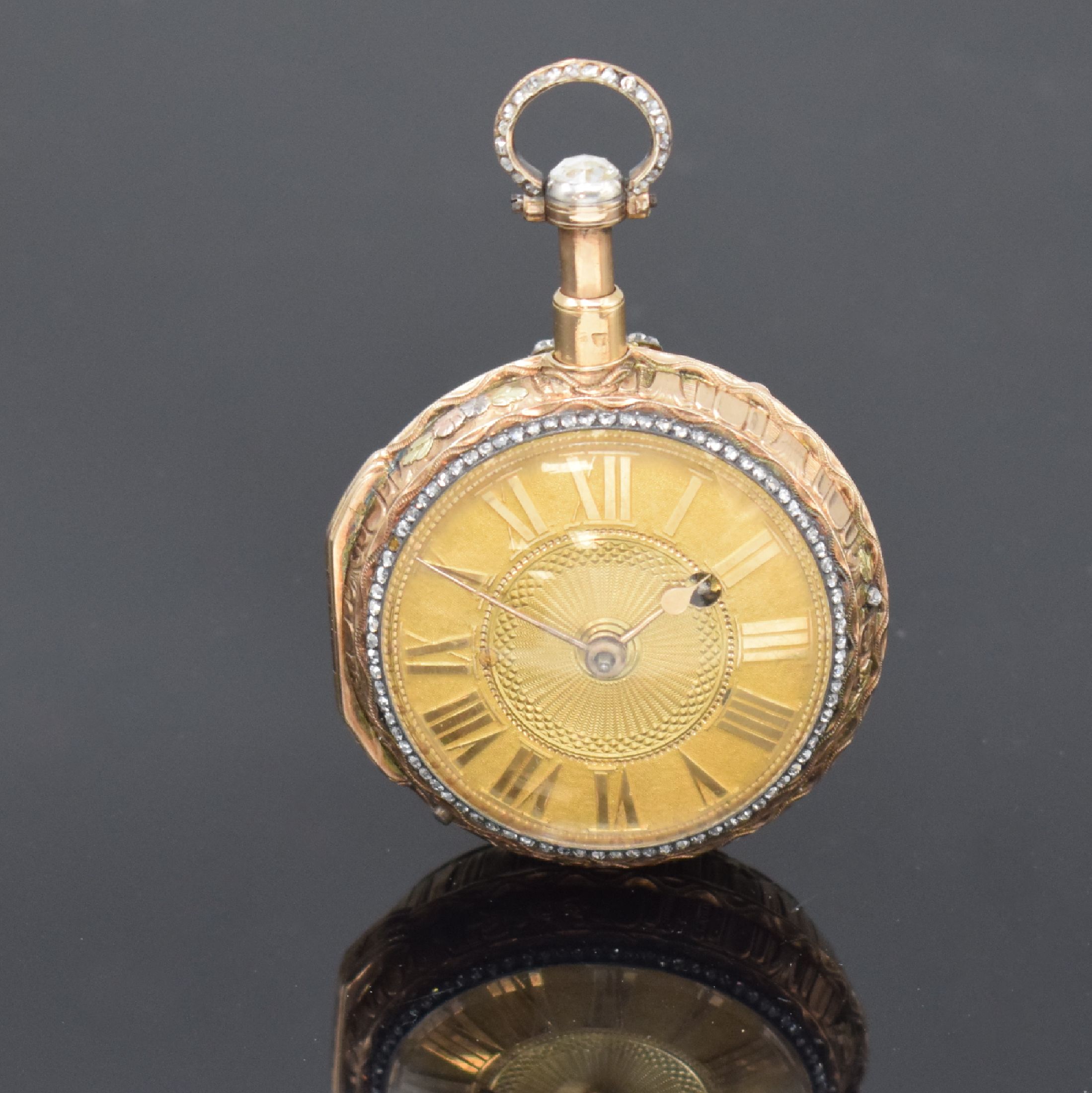 Detail b: ROMILLY A Paris Spindeltaschenuhr mit 1/4- Stunden-Repetition, Frankreich um 1790, aufw. 18k Goldgeh. reich verz., Glasrand, Bügel und Öffnungsdr. ...