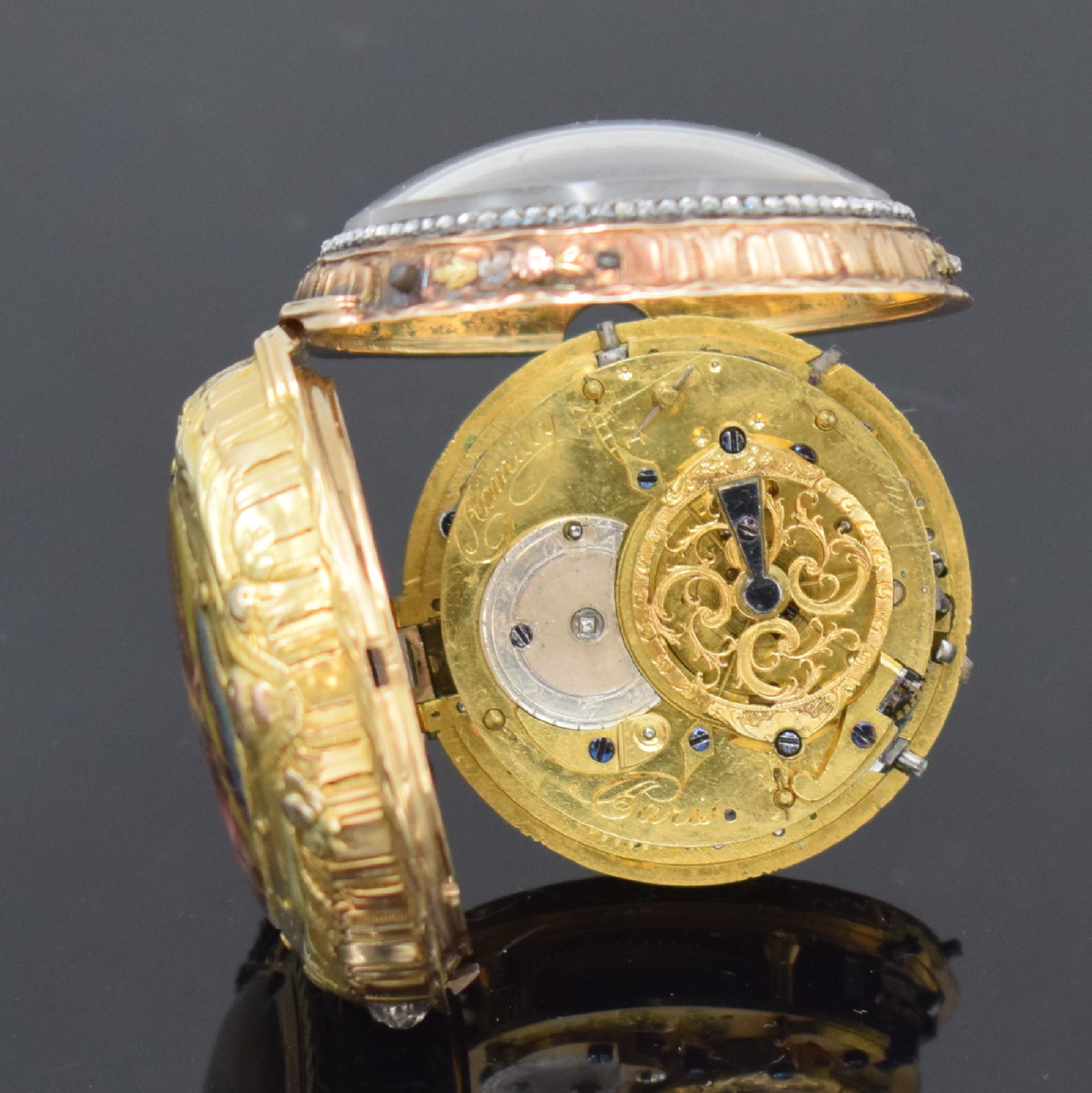 Detail e: ROMILLY A Paris Spindeltaschenuhr mit 1/4- Stunden-Repetition, Frankreich um 1790, aufw. 18k Goldgeh. reich verz., Glasrand, Bügel und Öffnungsdr. ...