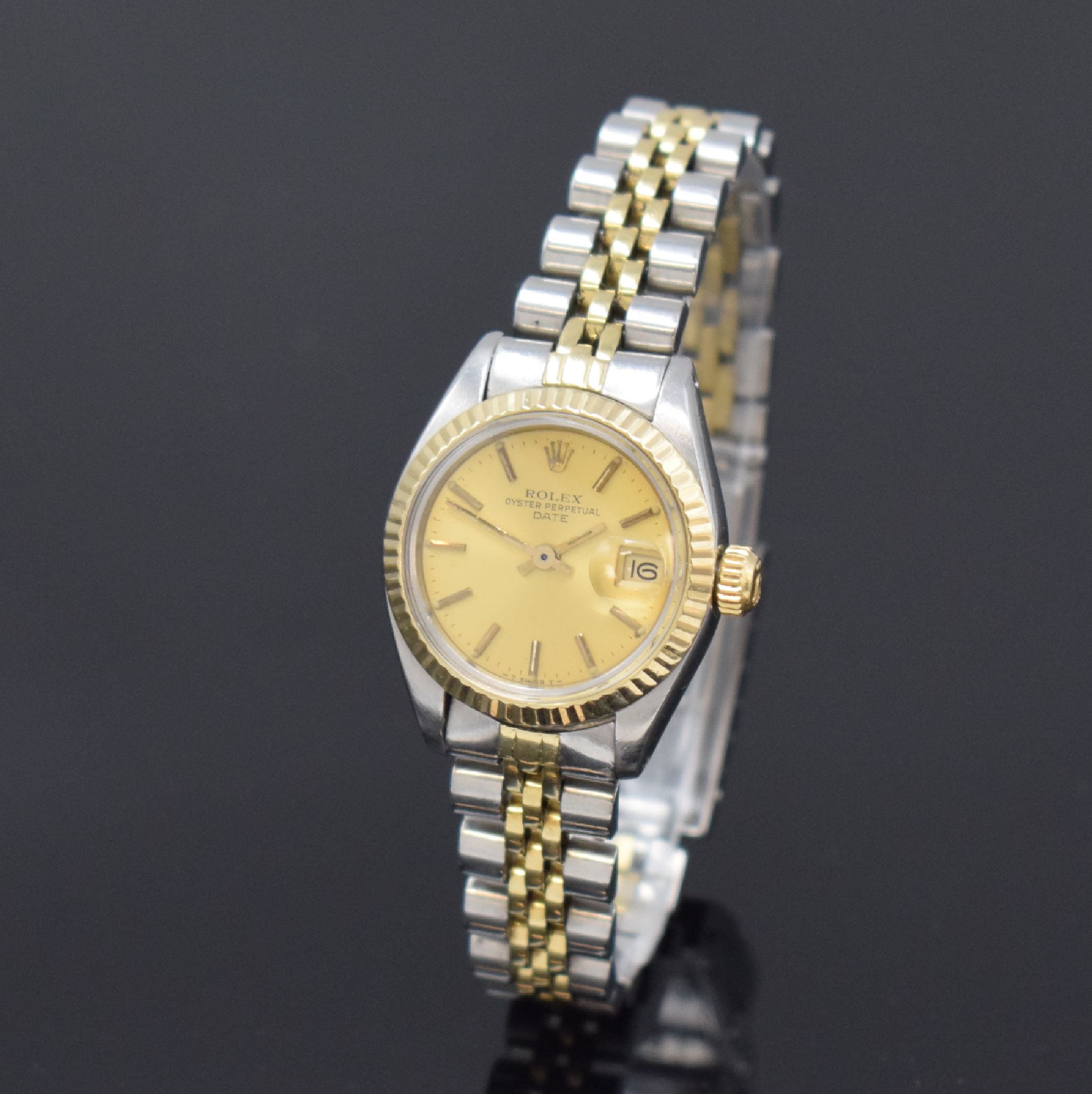 ROLEX Date Damenarmbanduhr in Stahl/Gold Referenz 6917, Schweiz um 1982, Automatik, verschr. Oystergeh. an Jubileeband m. Faltschl., geriffelte ...