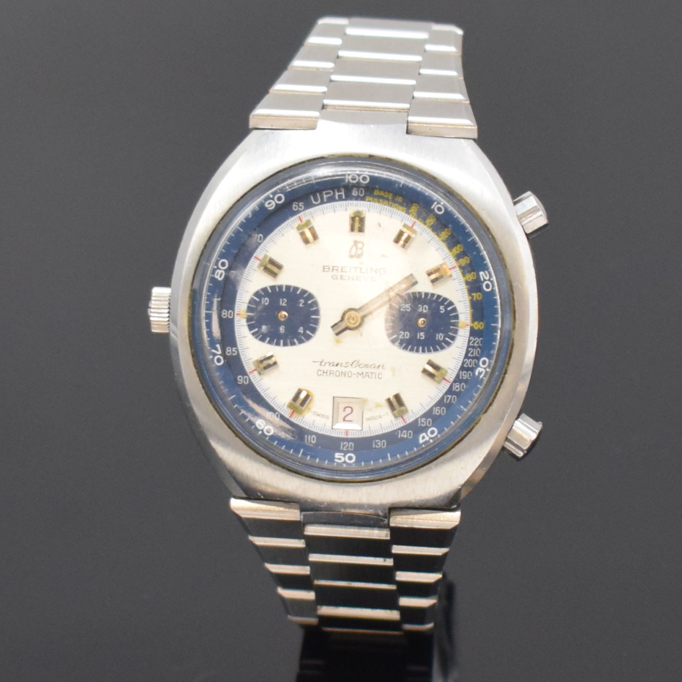 Detail a: BREITLING Transocean CHRONO-MATIC Herrenarmbanduhr Referenz 2119, Automatik, Schweiz um 1971, massives Edelstahlgeh. inkl. Gliederband, Boden ...