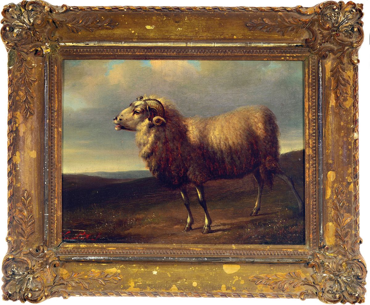 Unbekannter Künstler, wohl Niederlande, um 1830, Schafbock im Seitenprofil auf der Weide, Öl/Lwd, links unten unleserlich signiert, ca. 24x33cm, R. ...