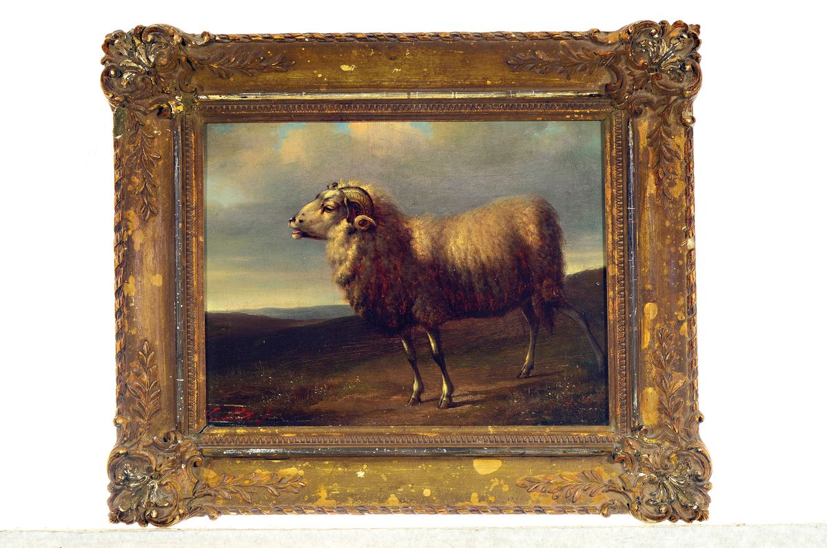 Detail k: Unbekannter Künstler, wohl Niederlande, um 1830, Schafbock im Seitenprofil auf der Weide, Öl/Lwd, links unten unleserlich signiert, ca. 24x33cm, R. ...