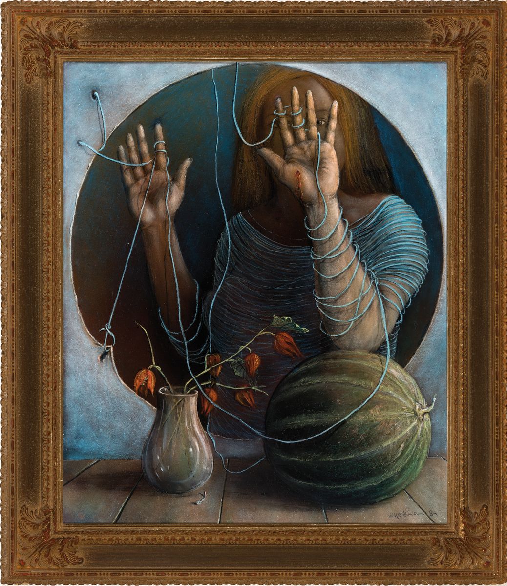 Detail k: Walter Heckmann, 1929-1994, Surrealistische Komposition mit Frau, Wolle, Kürbis und Blumen, Öl/Karton, rechts unten sign. und dat. 84, ca. 60x49cm, ...
