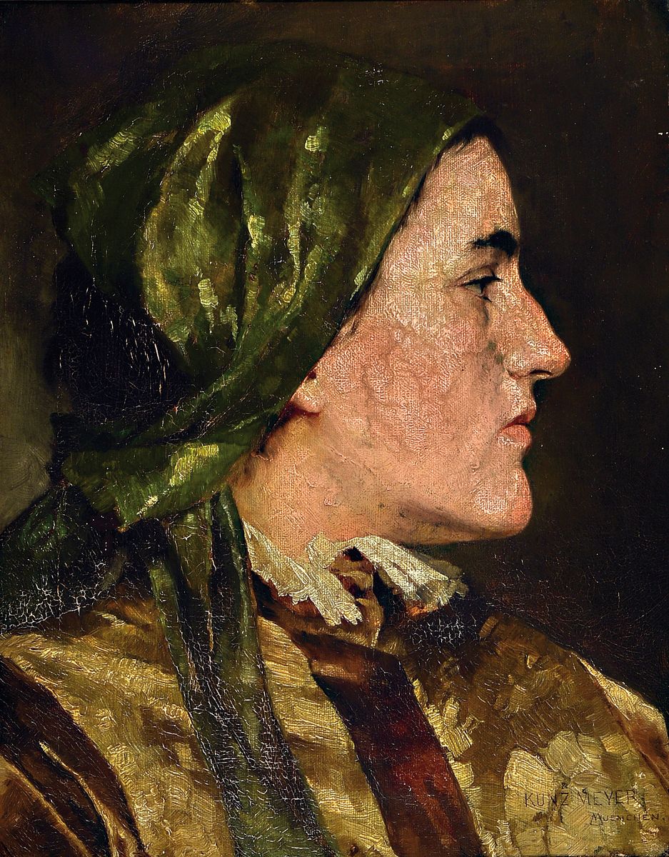 Kunz Meyer-Waldeck, 1859-1953, Profilporträt einer jungen Frau mit Kopftuch, Öl/Lwd, rechts unten sign. Kunz Meyer München, ca. 40x32cm, R. ca. ...