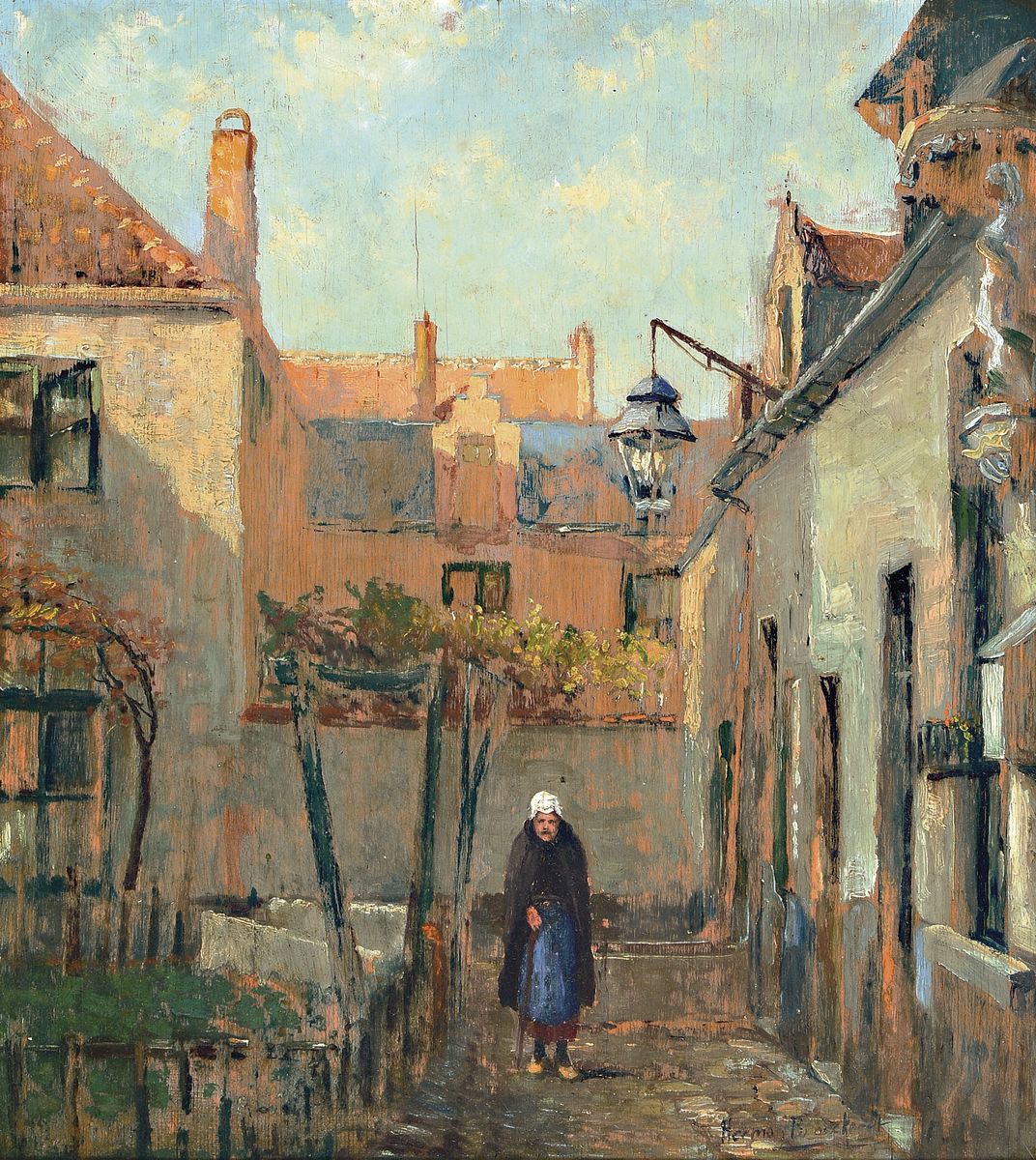 Herman Broeckaert, 1878-1930, Alte Frau im schattigen Hinterhof, über den Dächern die Sonne, Öl/Holz, rechts unten signiert, ca. 54x49cm, R. ca. ...