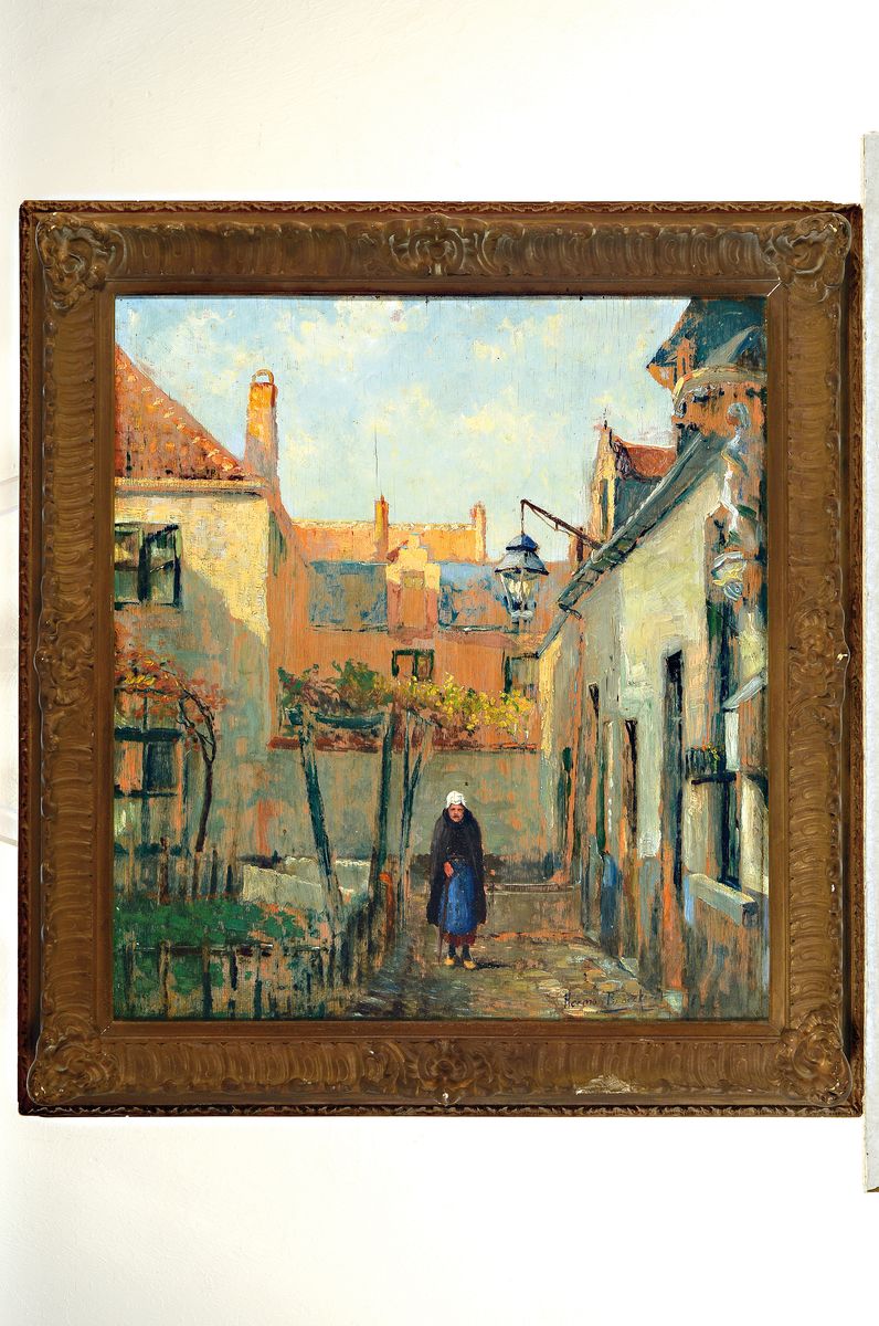 Detail k: Herman Broeckaert, 1878-1930, Alte Frau im schattigen Hinterhof, über den Dächern die Sonne, Öl/Holz, rechts unten signiert, ca. 54x49cm, R. ca. ...