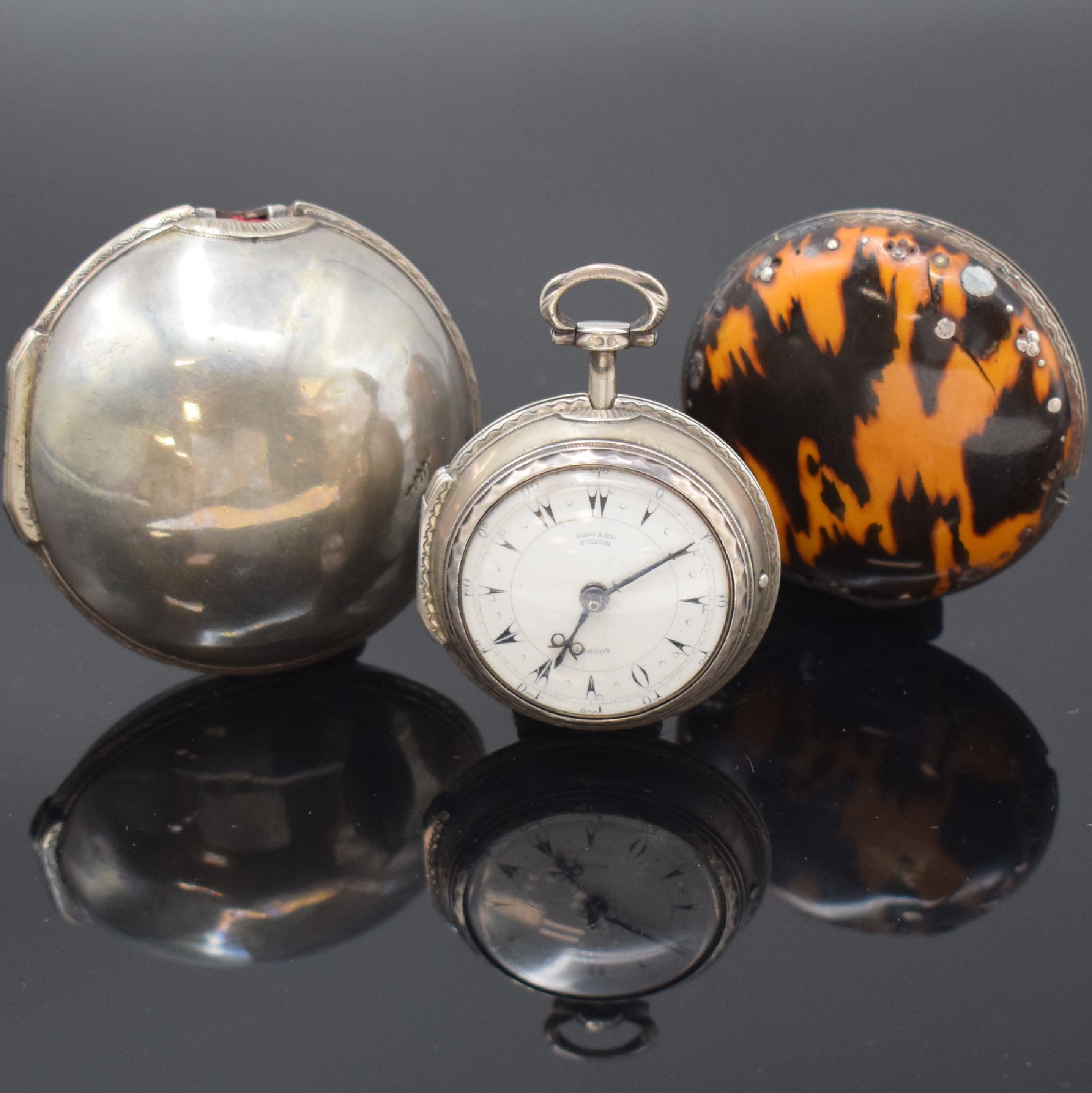 Detail c: EDWARD PRIOR Nr. 55952 Sterlingsilber Spindeltaschenuhr mit 3 Übergehäusen, London Hallmark 1839, glattes Geh. u. 1. Übergeh., 2. Übergeh. mit ...