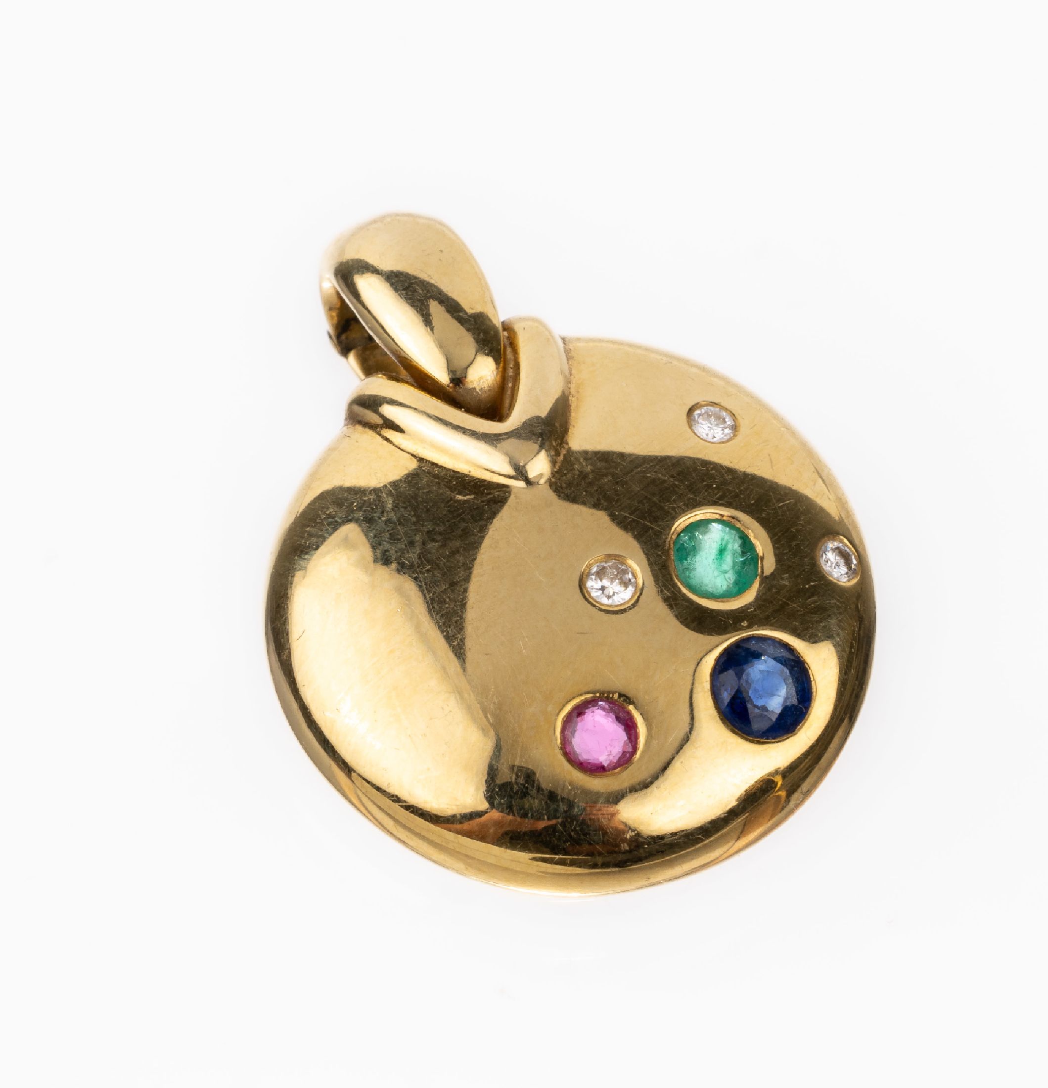 14 kt Gold Farbstein-Brillant-Anhänger, GG 585/000, Meistermarke F. Scheuerle/Quinn, 3 Brillanten zus. ca. 0.08 ct Weiß/si,1 Rubin,Saphir und ...
