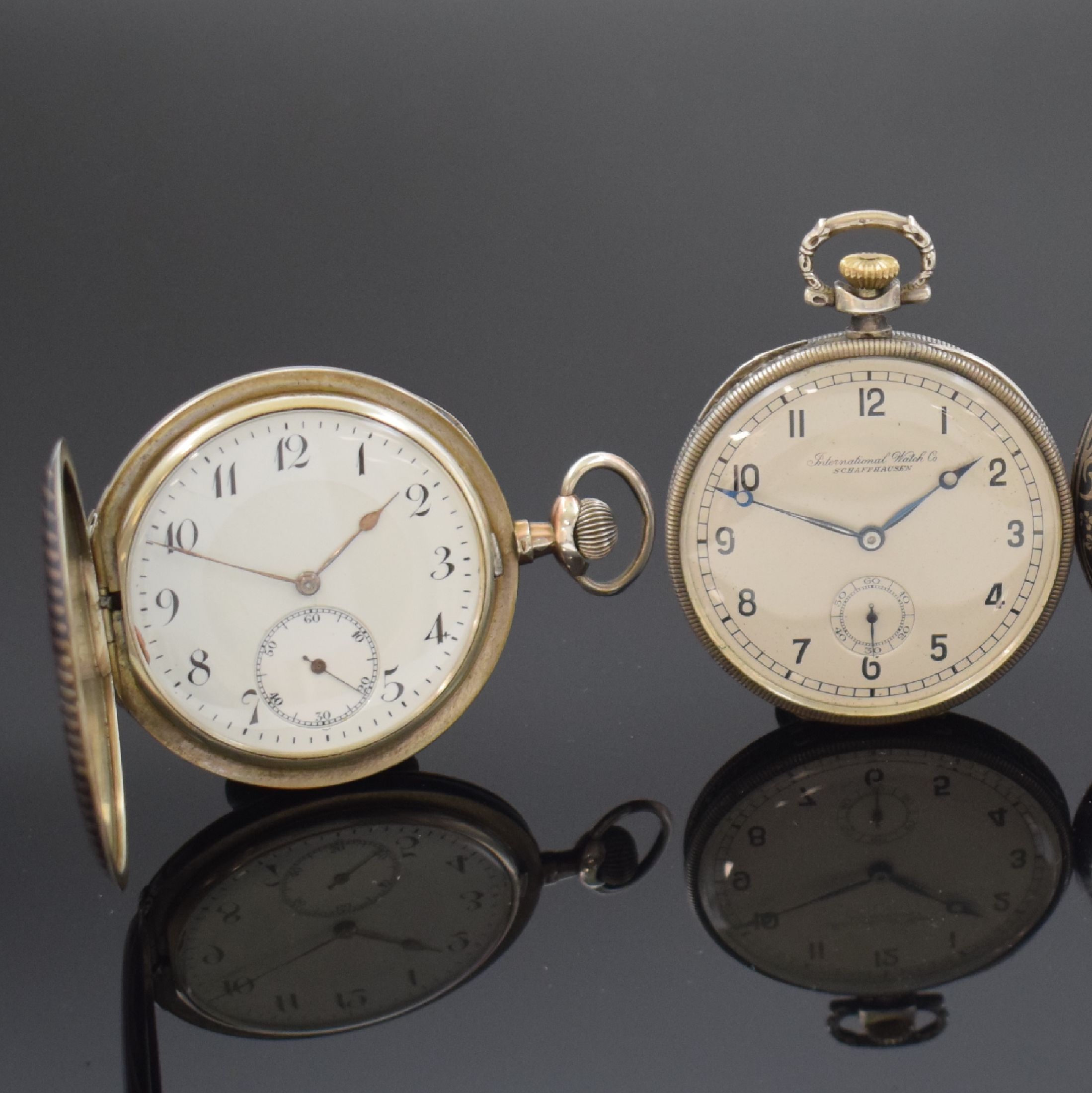 Detail a: Set OMEGA / IWC und 2 weitere Silber -Taschenuhren, Schweiz um 1820 bis 1930, offene Omega im Tula-Gehäuse besch., Emailzifferbl. riss., gebl. ...
