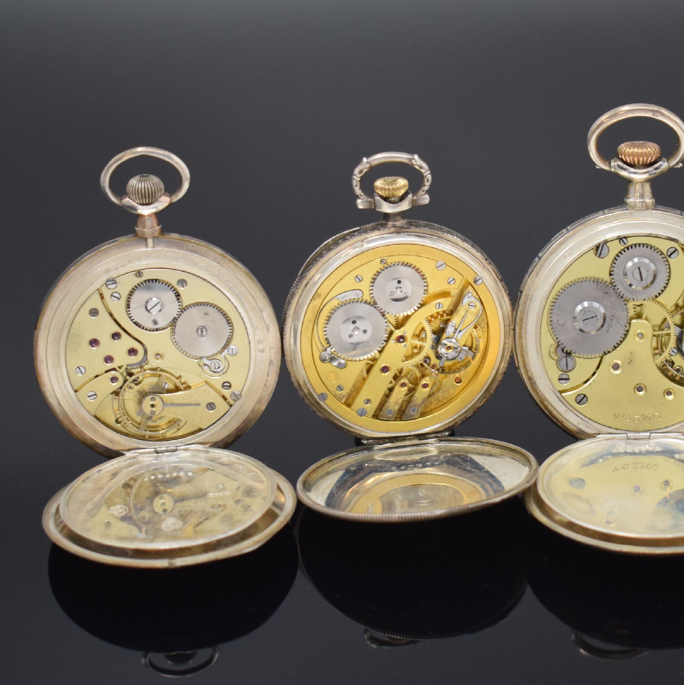 Detail c: Set OMEGA / IWC und 2 weitere Silber -Taschenuhren, Schweiz um 1820 bis 1930, offene Omega im Tula-Gehäuse besch., Emailzifferbl. riss., gebl. ...