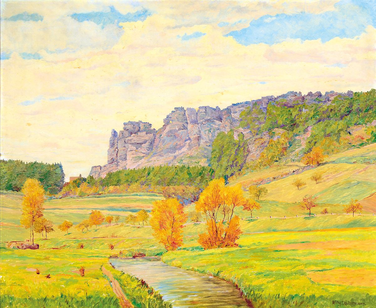 Willy Deutschmann, 1880 Oberflörsheim-1960 Petersbächel, Weite sommerliche Landschaft mit Bachlauf und Felsformationen im Hintergrund, wohl ...