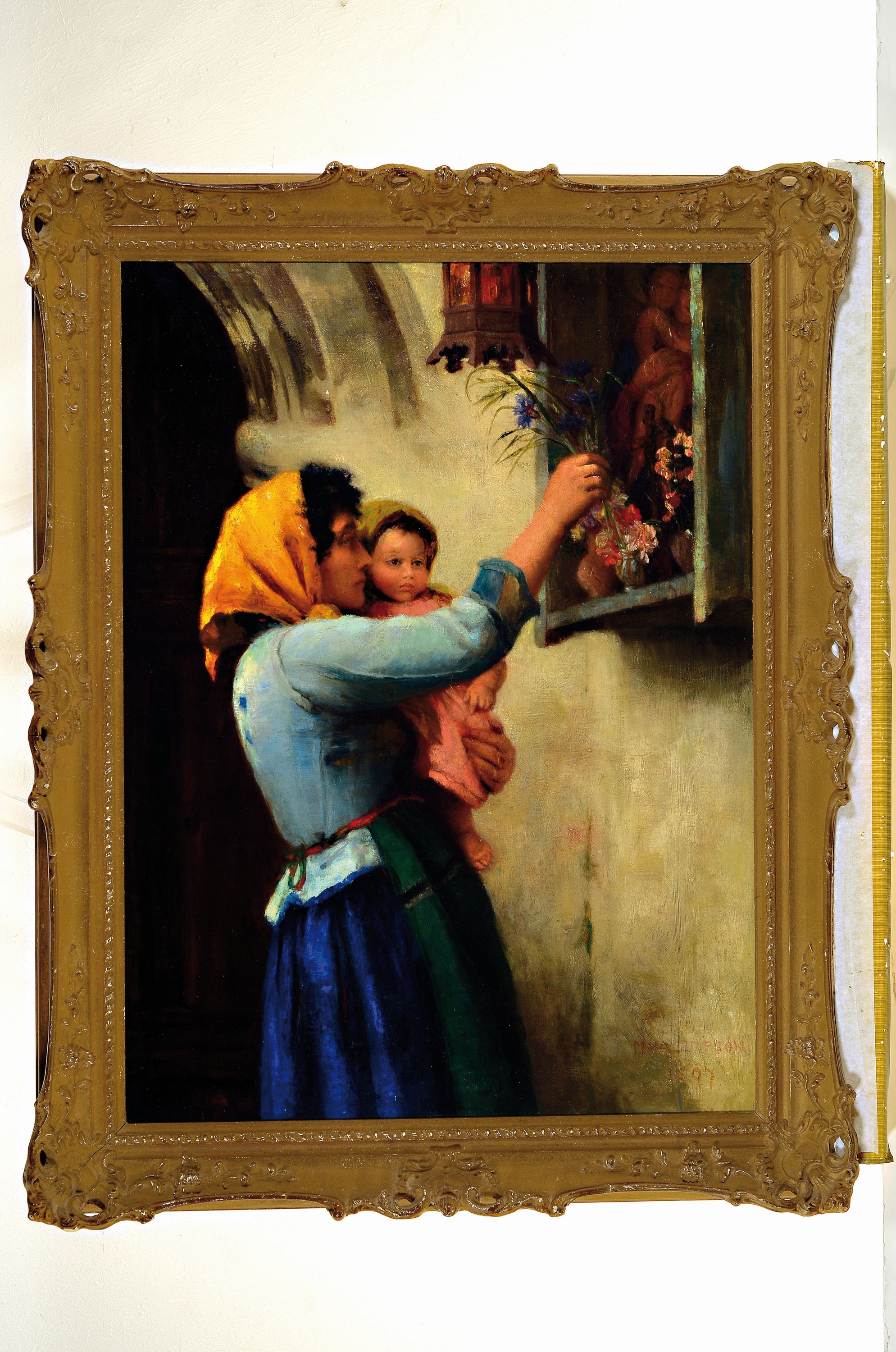 Detail k: Margaret H.A. Simpson, erw. zwischen 1880-1896, Mutter mit Kind beim arrangieren von Blumen an einer Madonnenstatue, Öl/Lwd, rest., doubl., rechts ...