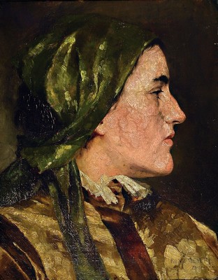 Image 26727848 - Kunz Meyer-Waldeck, 1859-1953, profile portrait of a young woman with headscarf, oil/canvas, right below sign. Kunz Meyer Munich, approx. 40x32cm, frame approx. 66x56cm