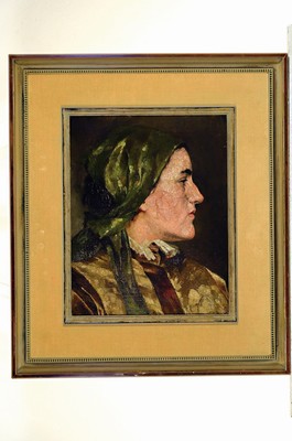 26727848k - Kunz Meyer-Waldeck, 1859-1953, profile portrait of a young woman with headscarf, oil/canvas, right below sign. Kunz Meyer Munich, approx. 40x32cm, frame approx. 66x56cm