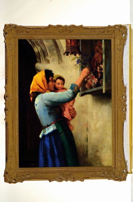26727897k - Margaret H.A. Simpson, ext. between 1880-1896,mother with child arranging flowers at a Madonna statue, oil/canvas, restored, relined,right below sign. and dated 1897, approx. 68x51cm, frame approx. 80x63cm