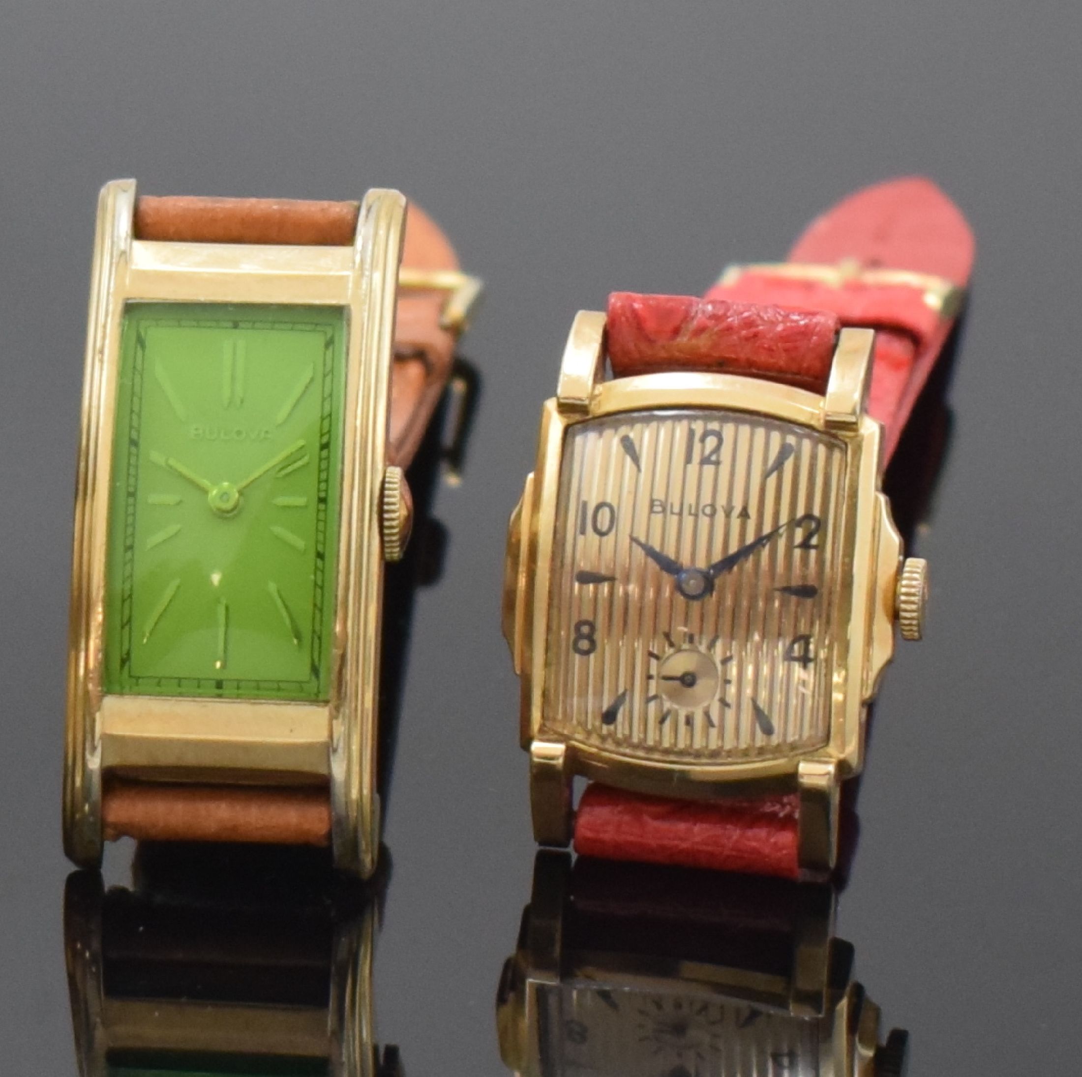 Detail a: BULOVA Drivers und 3 weitere vergoldete Armbanduhren, USA um 1940, Handaufzug, 2- tlg. Gehäuse m. aufgedr. Böden, 1 x m. Monogramm-Grav., 3 x 10k ...