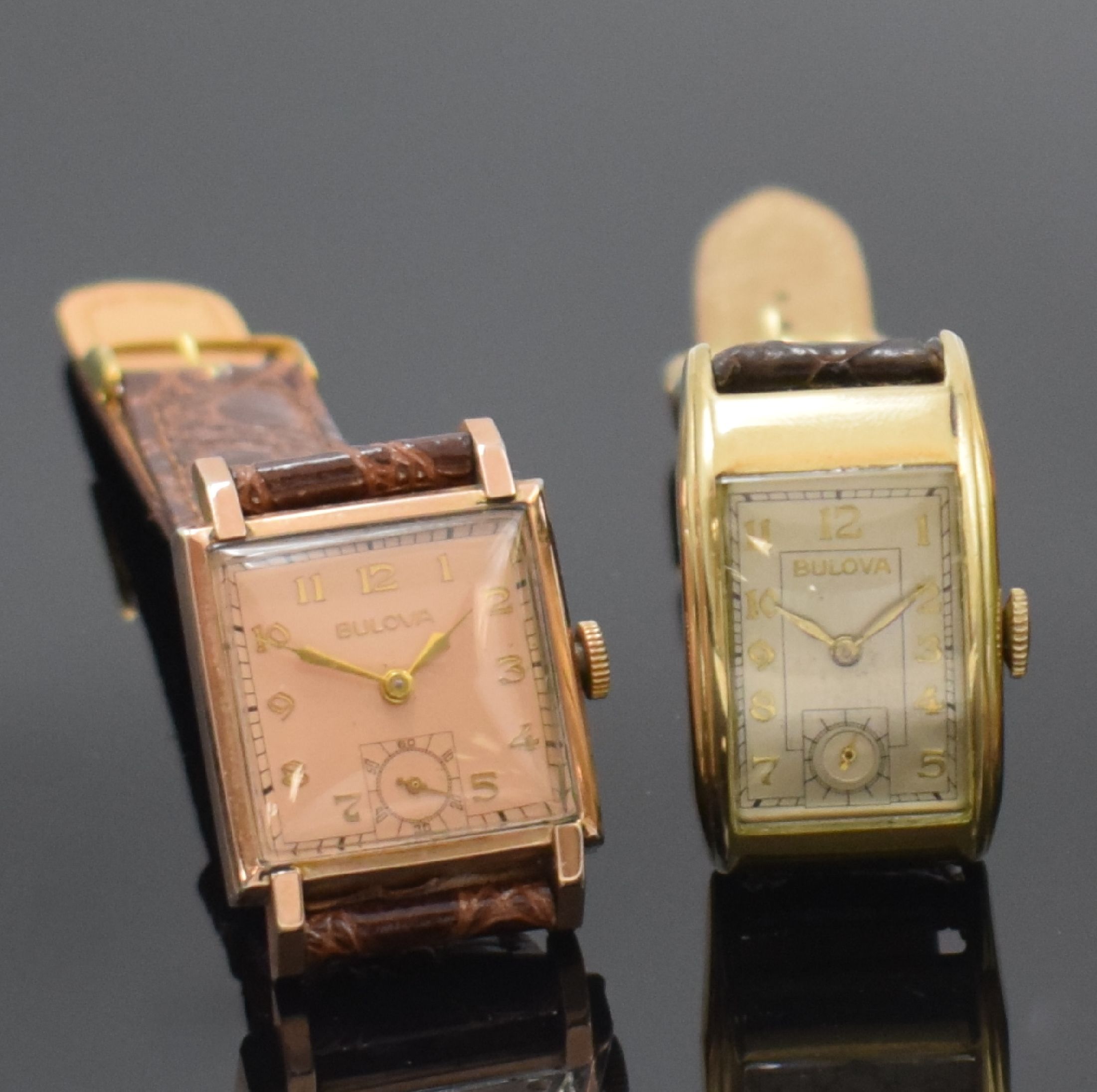 Detail b: BULOVA Drivers und 3 weitere vergoldete Armbanduhren, USA um 1940, Handaufzug, 2- tlg. Gehäuse m. aufgedr. Böden, 1 x m. Monogramm-Grav., 3 x 10k ...