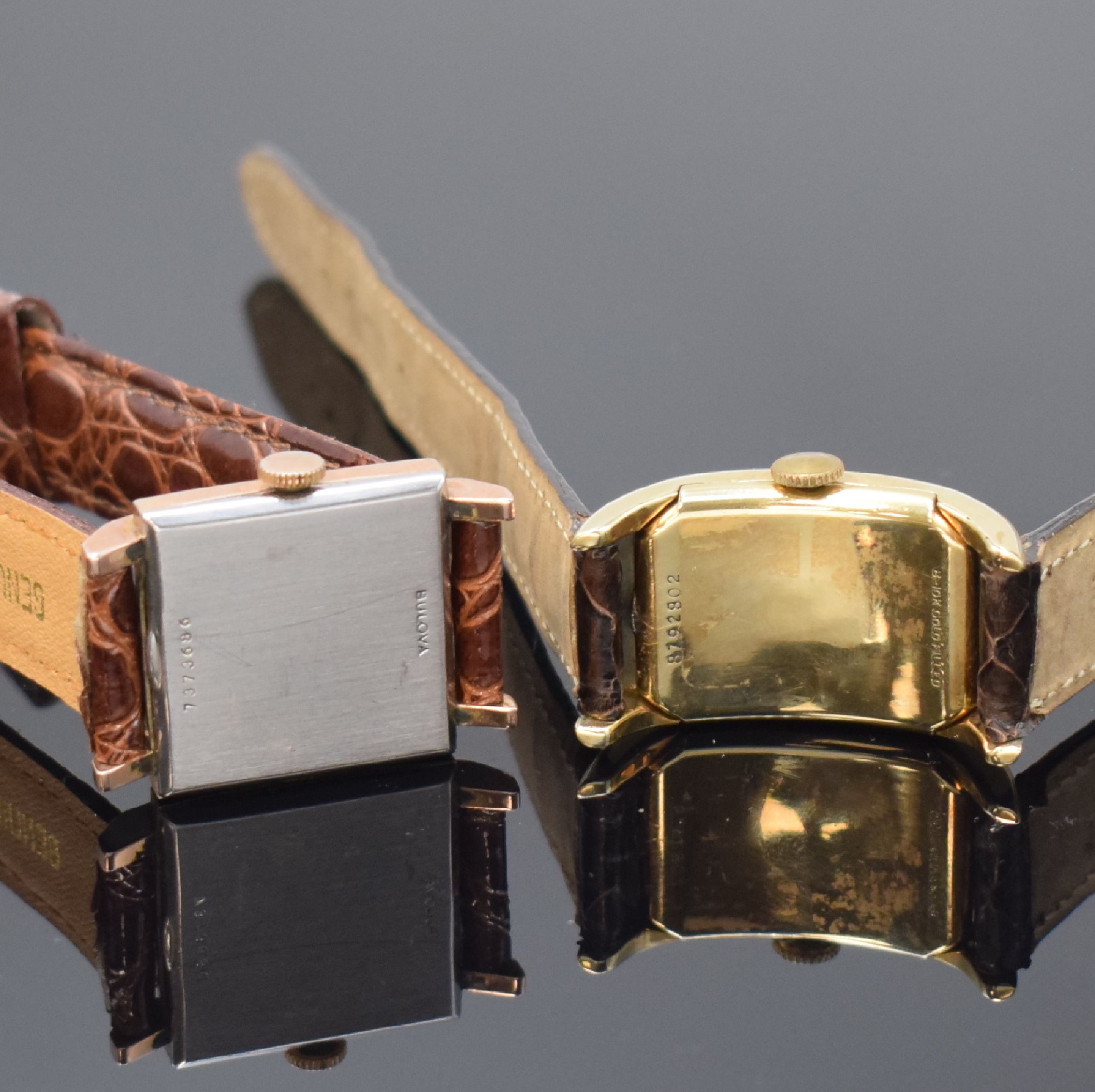 Detail c: BULOVA Drivers und 3 weitere vergoldete Armbanduhren, USA um 1940, Handaufzug, 2- tlg. Gehäuse m. aufgedr. Böden, 1 x m. Monogramm-Grav., 3 x 10k ...