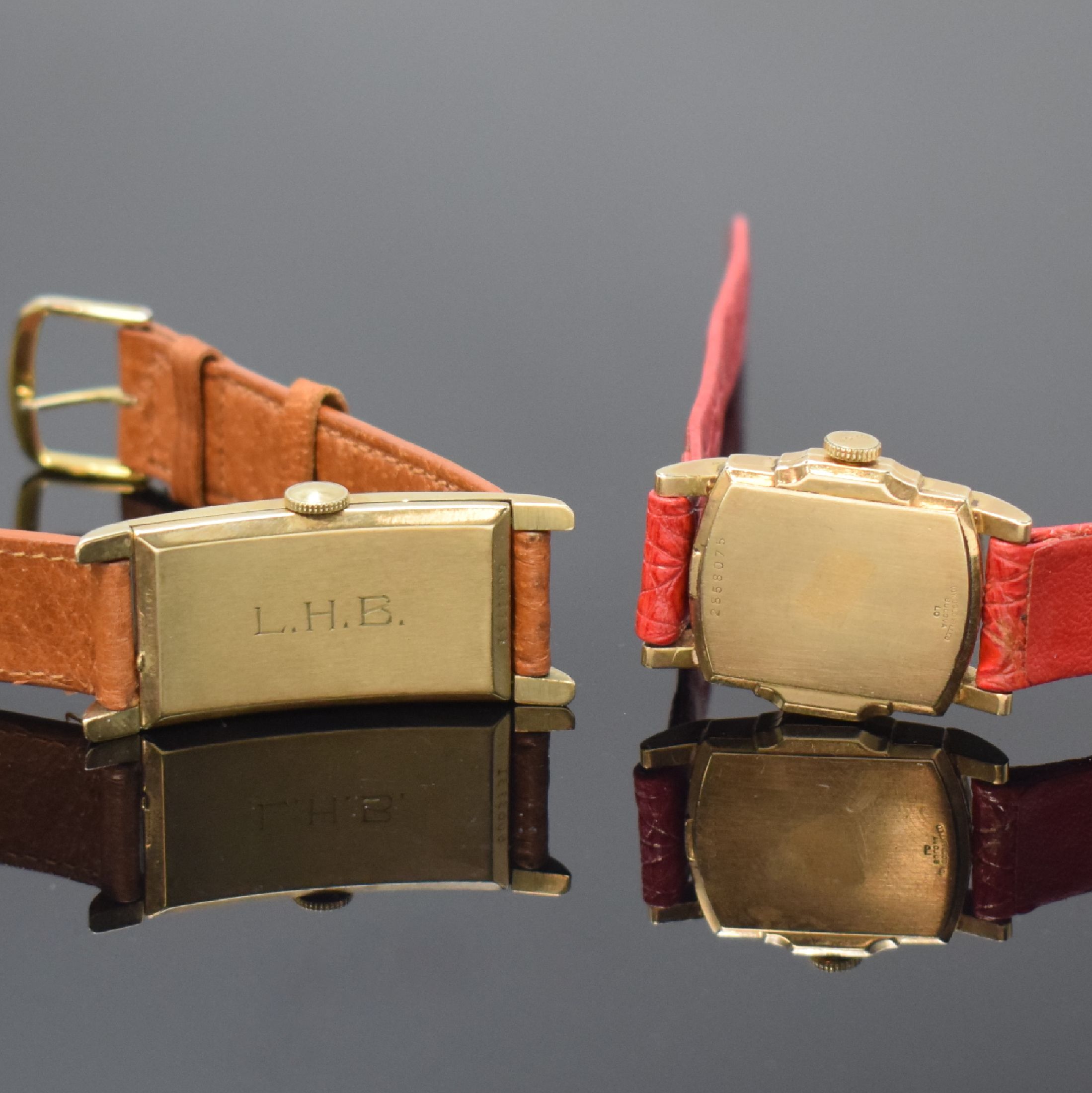 Detail f: BULOVA Drivers und 3 weitere vergoldete Armbanduhren, USA um 1940, Handaufzug, 2- tlg. Gehäuse m. aufgedr. Böden, 1 x m. Monogramm-Grav., 3 x 10k ...