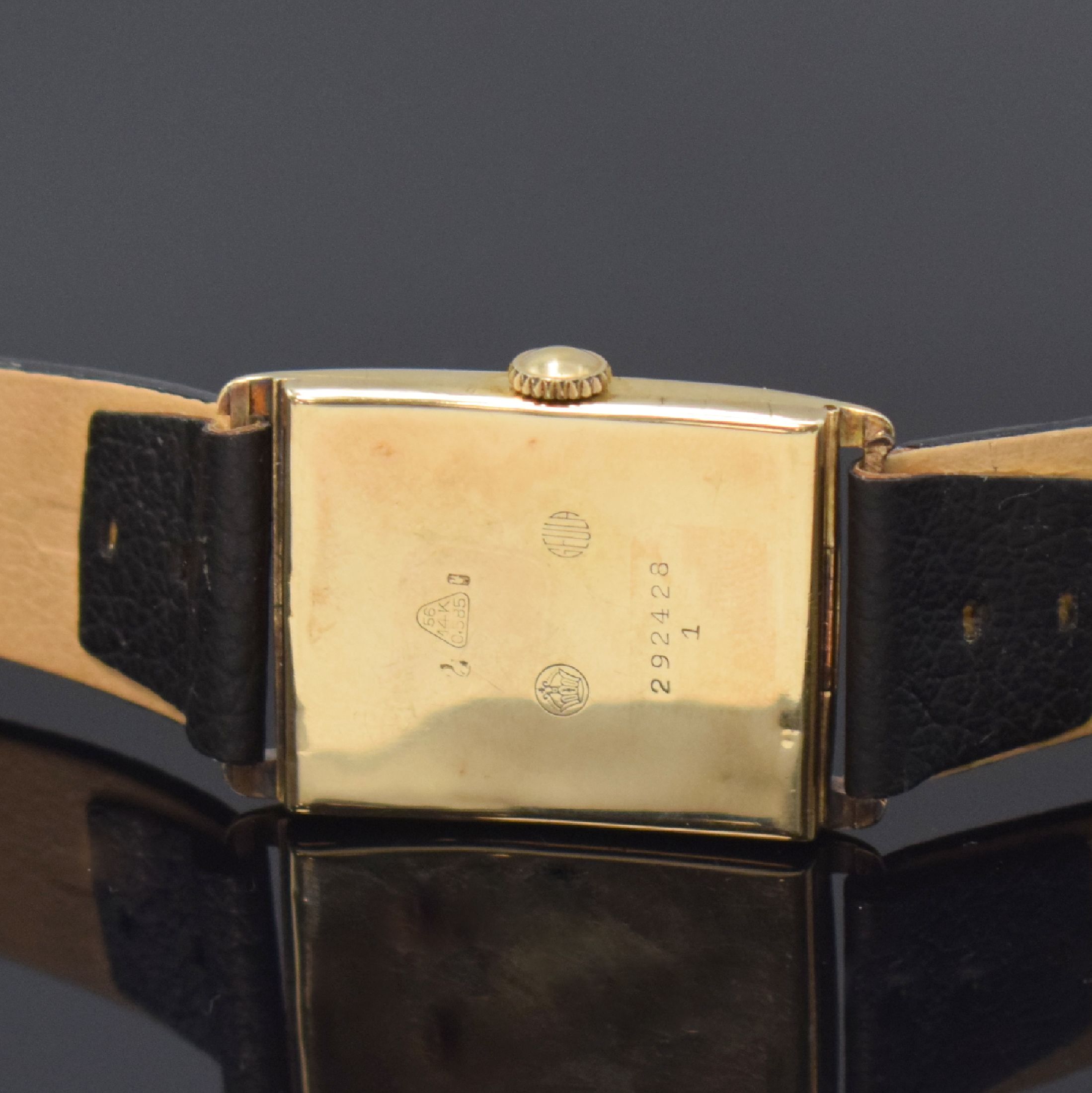 Detail c: BULOVA frühe rechteckige Armbanduhr in GG 585/000, Schweiz um 1925, Handaufzug, Scharniergeh. (Stift zu ers.), Boden dell., silb. Zifferbl. m. ...