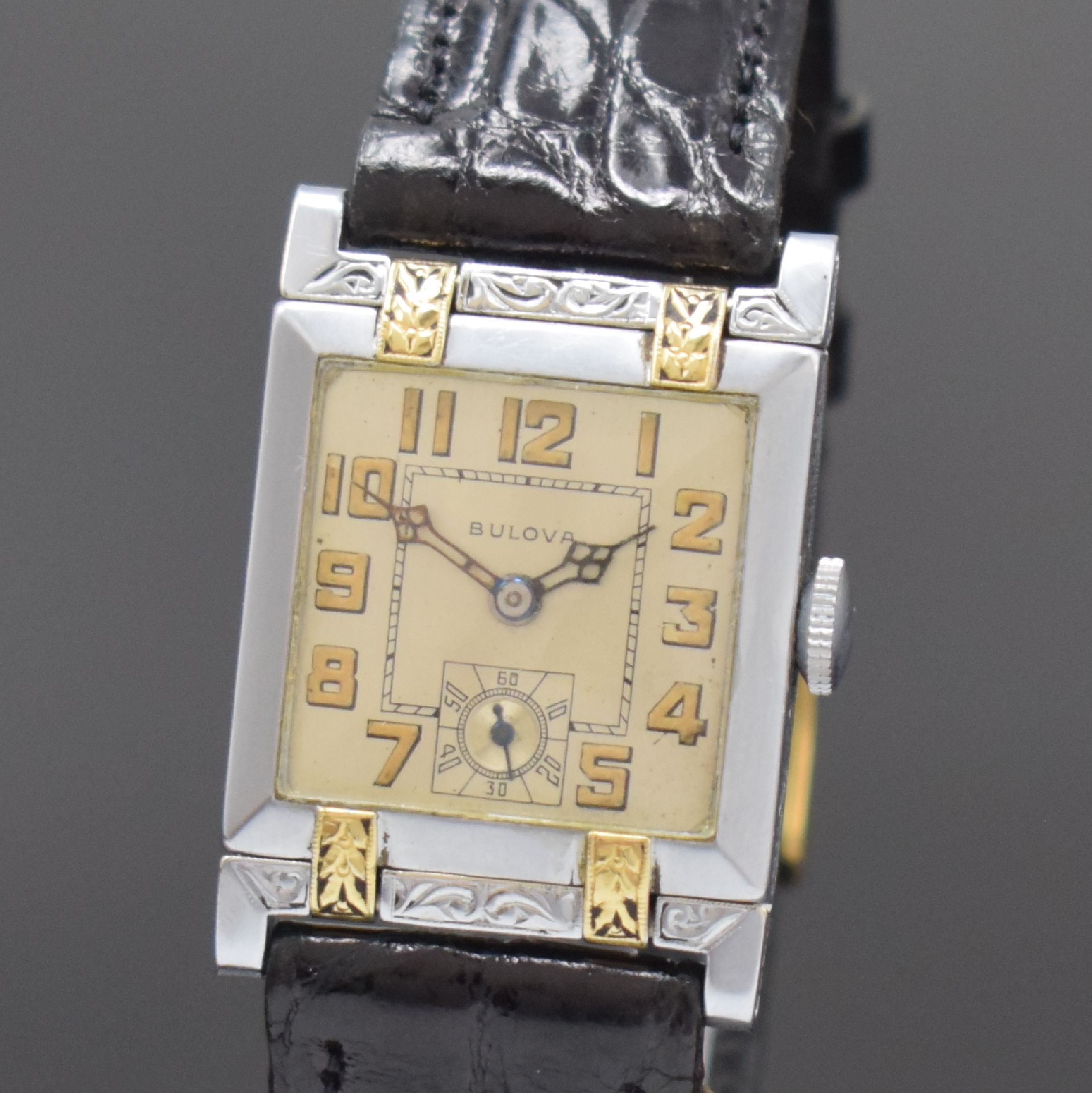 Detail a: BULOVA seltene frühe Armbanduhr mit beweglichen Anstößen in WG/GG 585/000, USA um 1930, Handaufzug, aufw. Scharniergeh., seitl. u. auf den ...