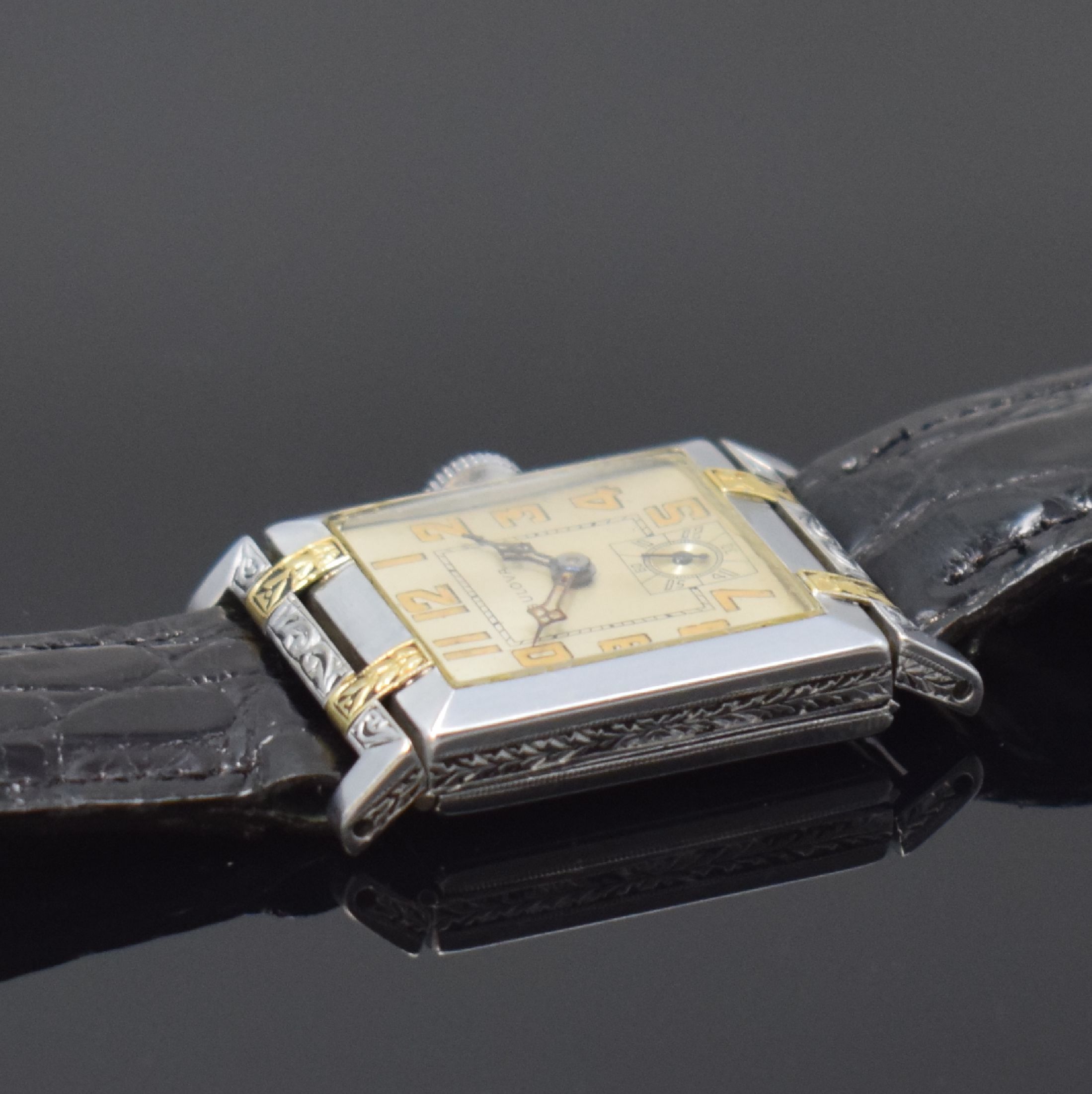Detail c: BULOVA seltene frühe Armbanduhr mit beweglichen Anstößen in WG/GG 585/000, USA um 1930, Handaufzug, aufw. Scharniergeh., seitl. u. auf den ...