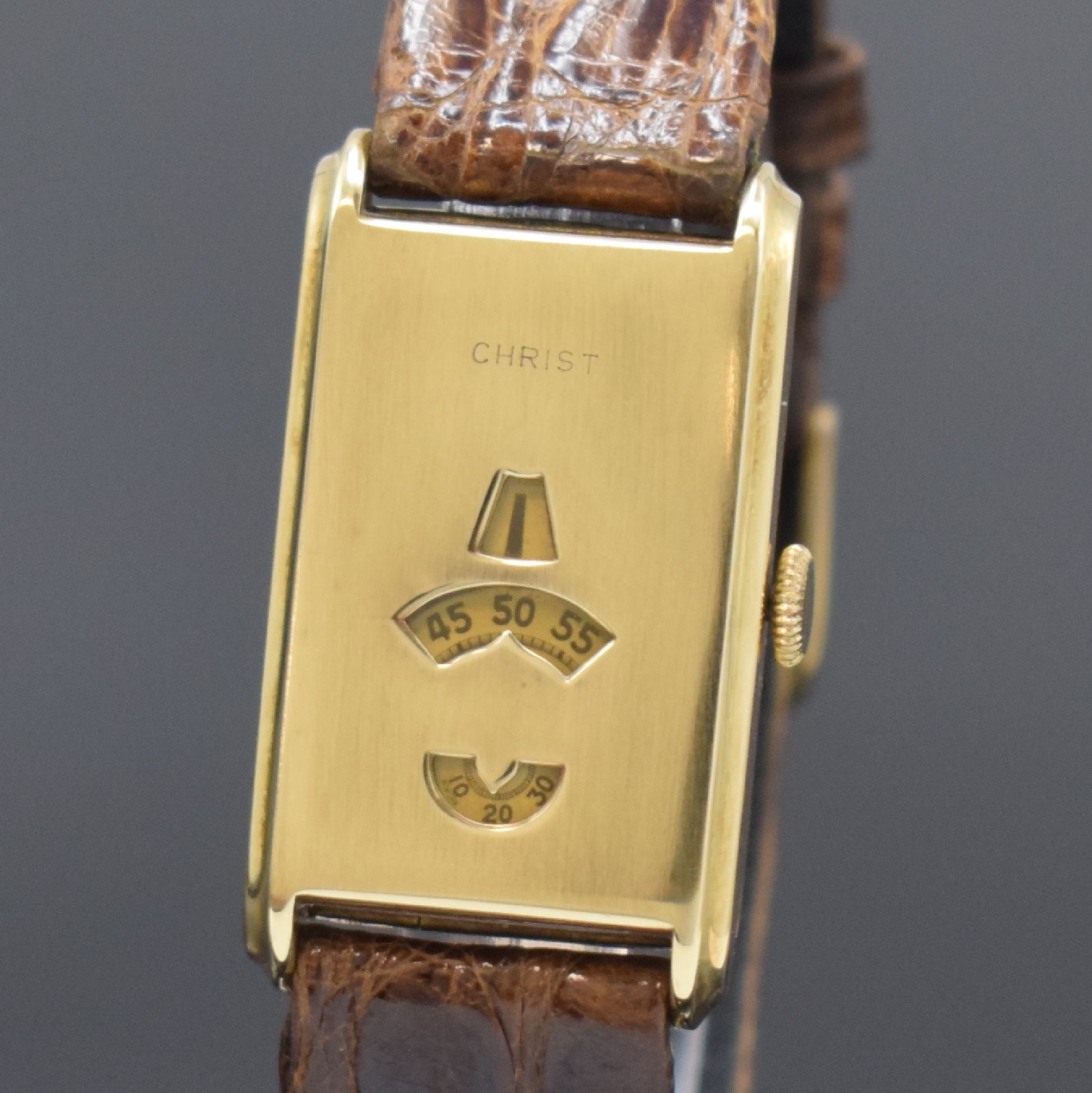 Detail a: CHRIST seltene digitale Armbanduhr in GG 585/000, Schweiz um 1935, Handaufzug, Scharniergeh., Fenster f. Std., Min. u. Sek., vers. Formwerk, 15 St., ...