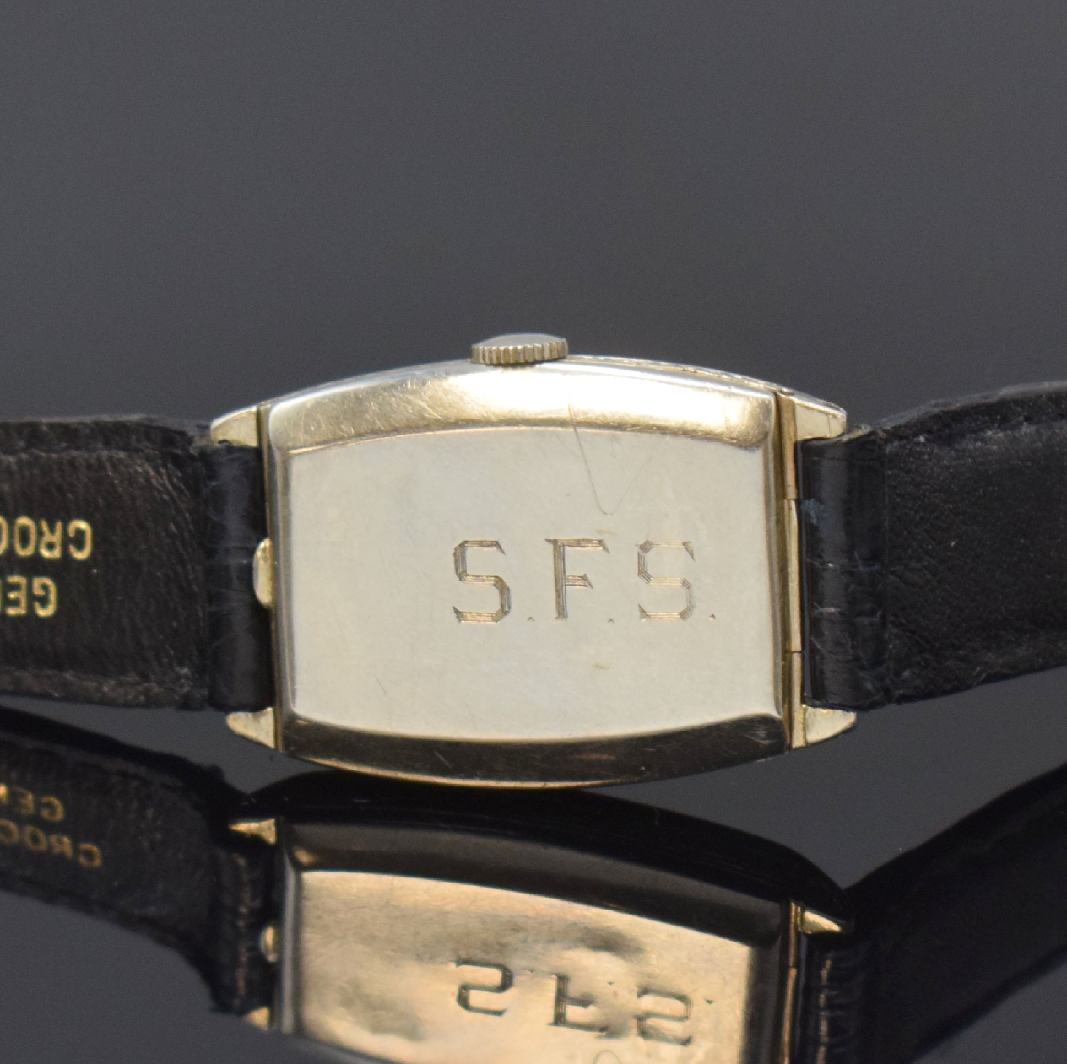 Detail c: ELGIN emaillierte Armbanduhr in 14k Weißgold, USA um 1930, Handaufzug, dopp. Scharniergeh., schwarz/weiß emaillierte Lünette, floral grav. Rand, ...