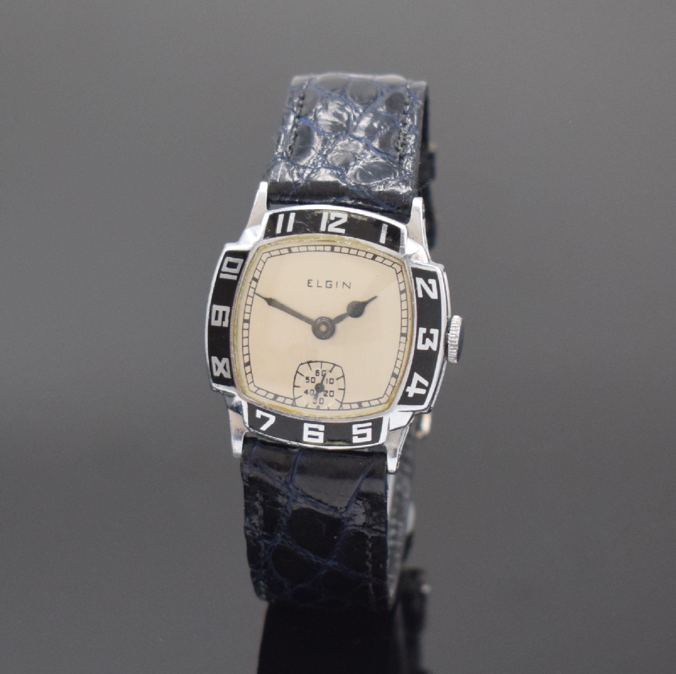 ELGIN Armbanduhr mit schwarz emaillierter Stunden-Lünette im verchromten Nickelgehäuse, USA um 1930, Handaufzug, 3-tlg. Geh., Boden u. Glasrand ...
