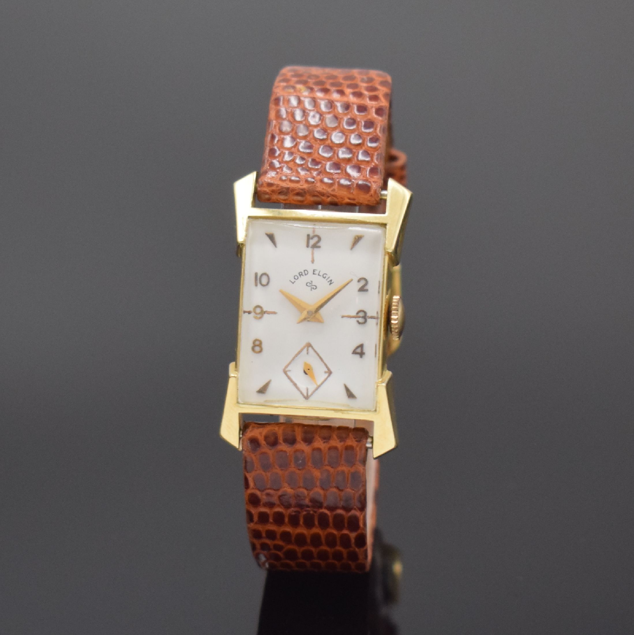LORD ELGIN rechteckige Armbanduhr in GG 585/000, USA um 1950, Handaufzug, 2-tlg. Geh., Boden m. Widmungsgrav. aufgedr., weißes Zifferbl. rest., ...