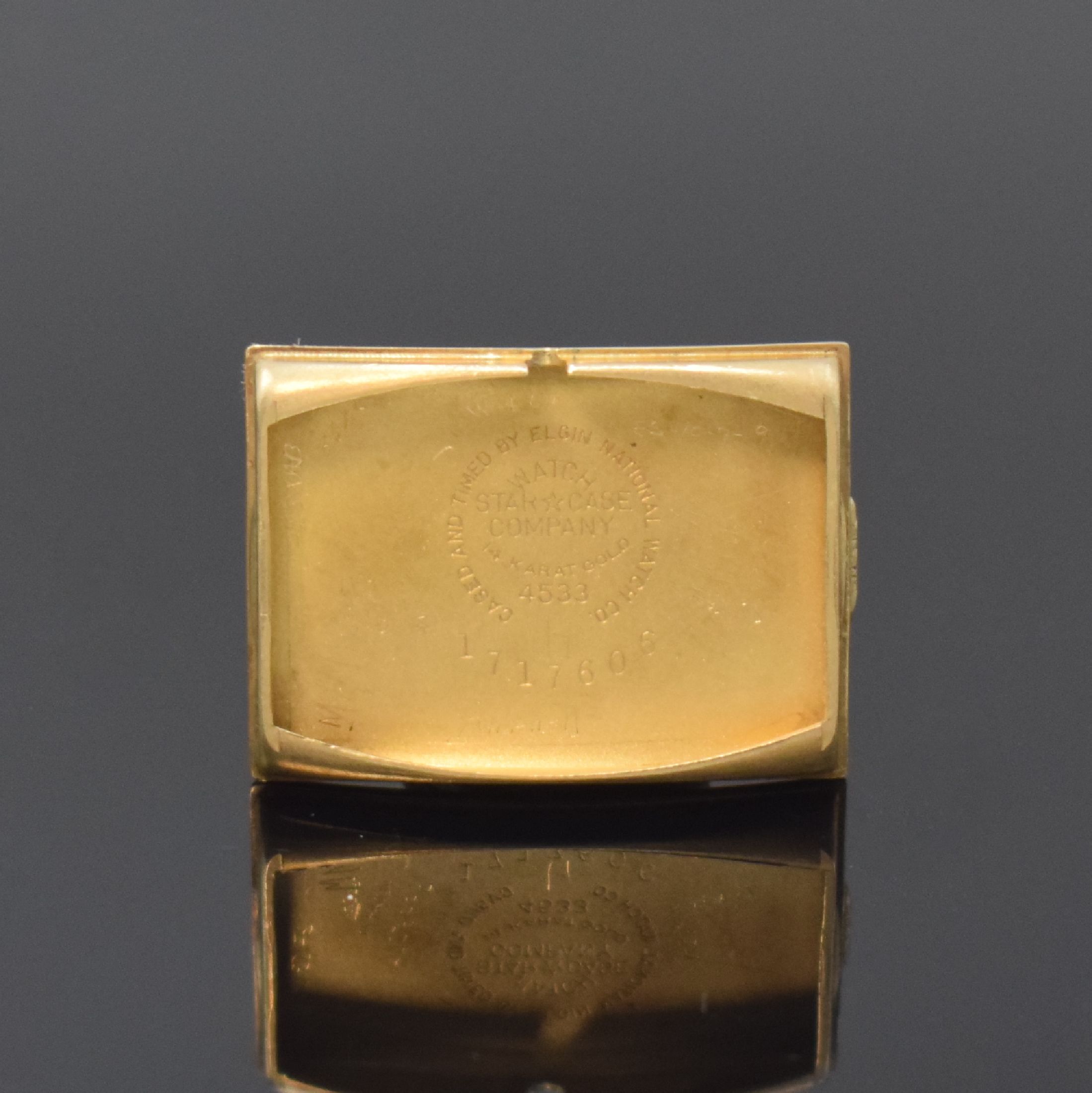 Detail e: LORD ELGIN rechteckige Armbanduhr in GG 585/000, USA um 1950, Handaufzug, 2-tlg. Geh., Boden m. Widmungsgrav. aufgedr., weißes Zifferbl. rest., ...