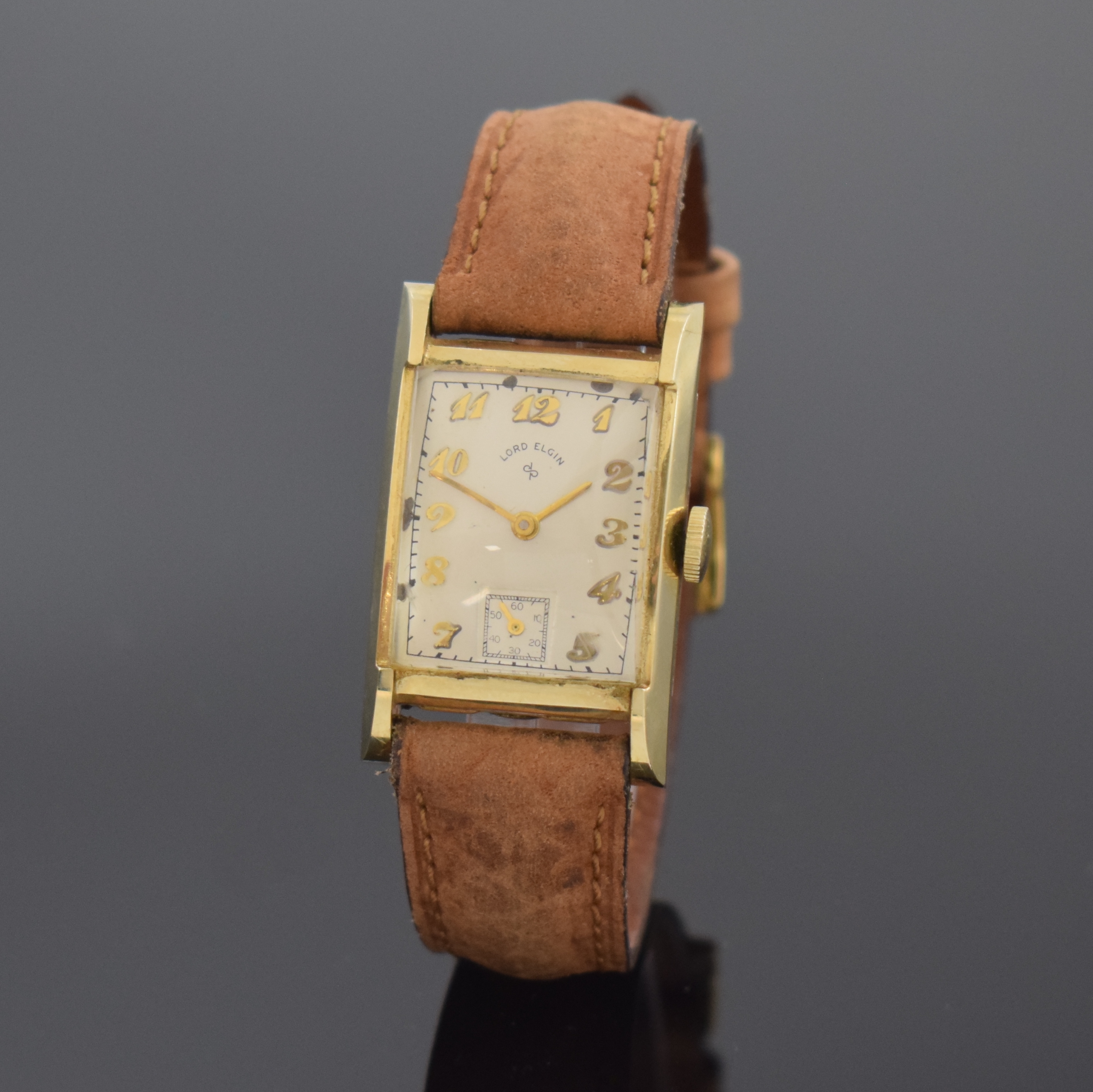 LORD ELGIN rechteckige Armbanduhr in GG 585/000, USA um 1945, Handaufzug, 2-tlg. Geh., Boden mit Widmungsgrav. aufgedr., silb. Zifferbl. pat., gold. ...