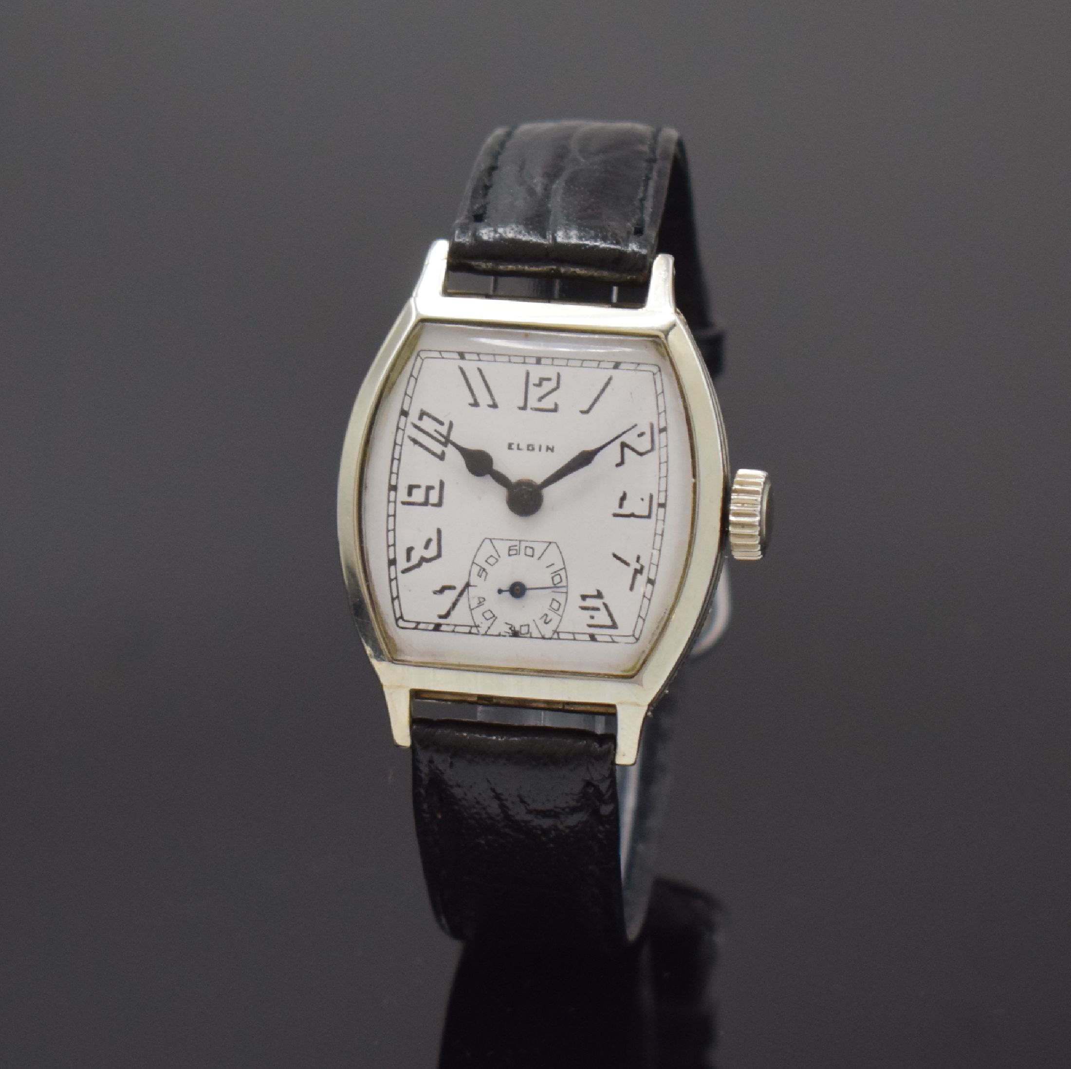 ELGIN Armbanduhr in 14k Weißgold, USA um 1935, Handaufzug, Doppel-Scharniergeh., seitl. grav., weißes Zifferbl. rest., schwarze Zeiger, vern. Werk ...