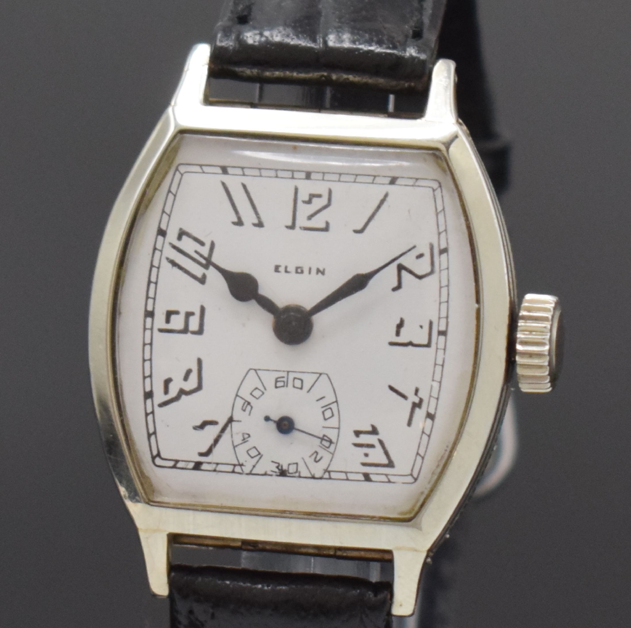 Detail a: ELGIN Armbanduhr in 14k Weißgold, USA um 1935, Handaufzug, Doppel-Scharniergeh., seitl. grav., weißes Zifferbl. rest., schwarze Zeiger, vern. Werk ...