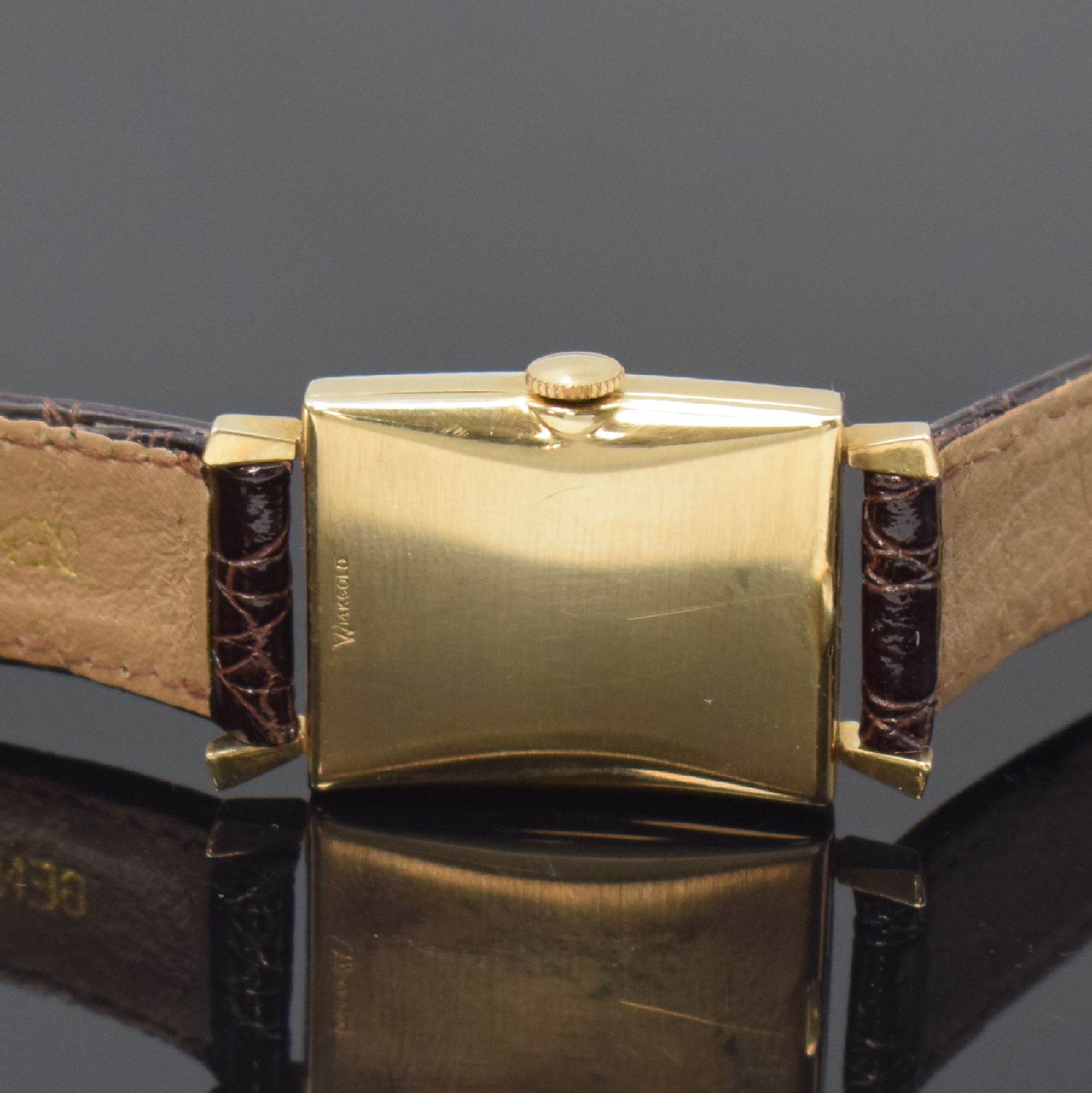 Detail c: LORD ELGIN Armbanduhr in 14k Gelbgold, USA um 1955, Handaufzug, 2-tlg. Geh., Boden aufgedr., silb., diagonal gespiegeltes Zifferbl., aufges. gold. ...