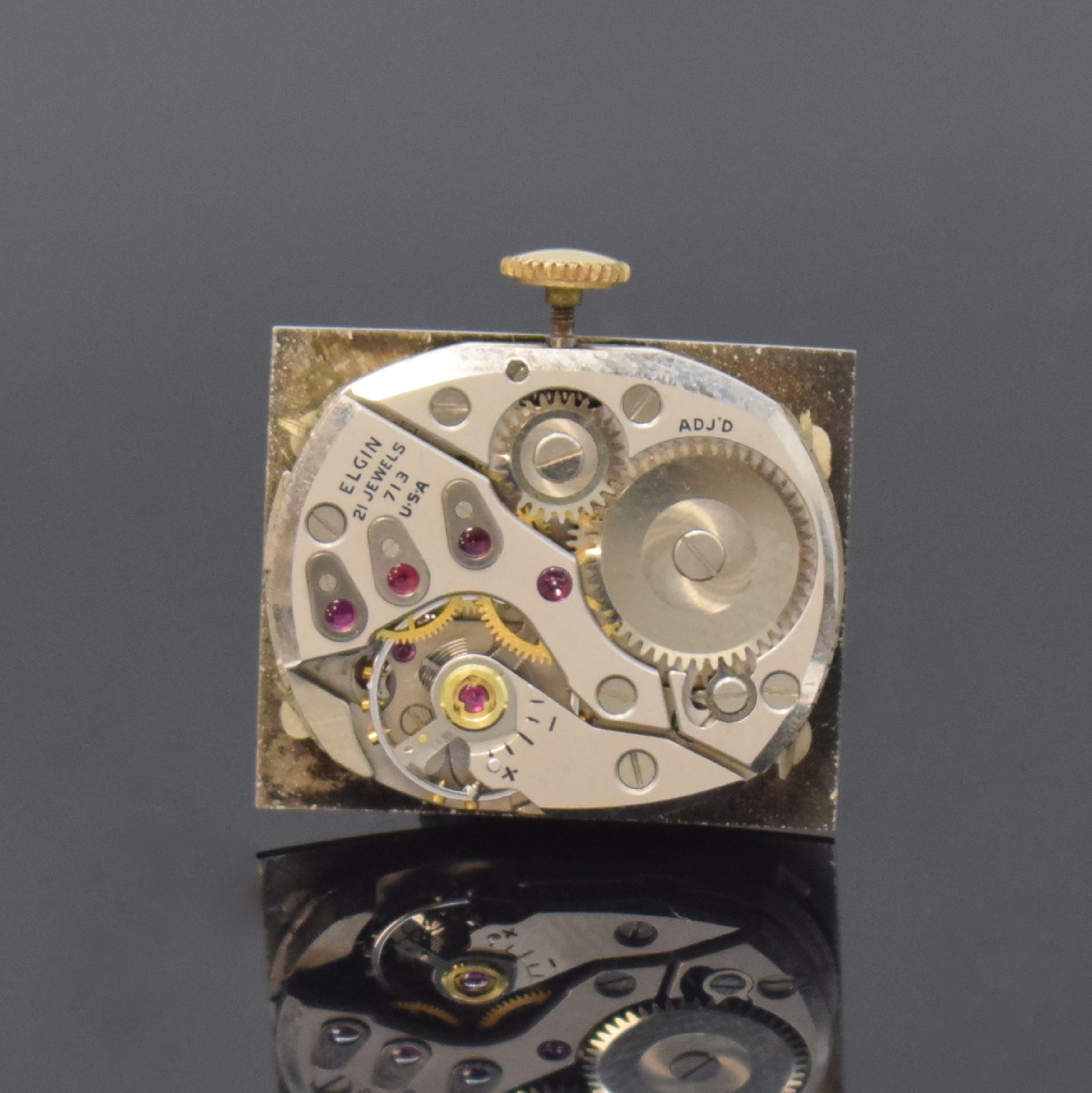 Detail d: LORD ELGIN Armbanduhr in 14k Gelbgold, USA um 1955, Handaufzug, 2-tlg. Geh., Boden aufgedr., silb., diagonal gespiegeltes Zifferbl., aufges. gold. ...