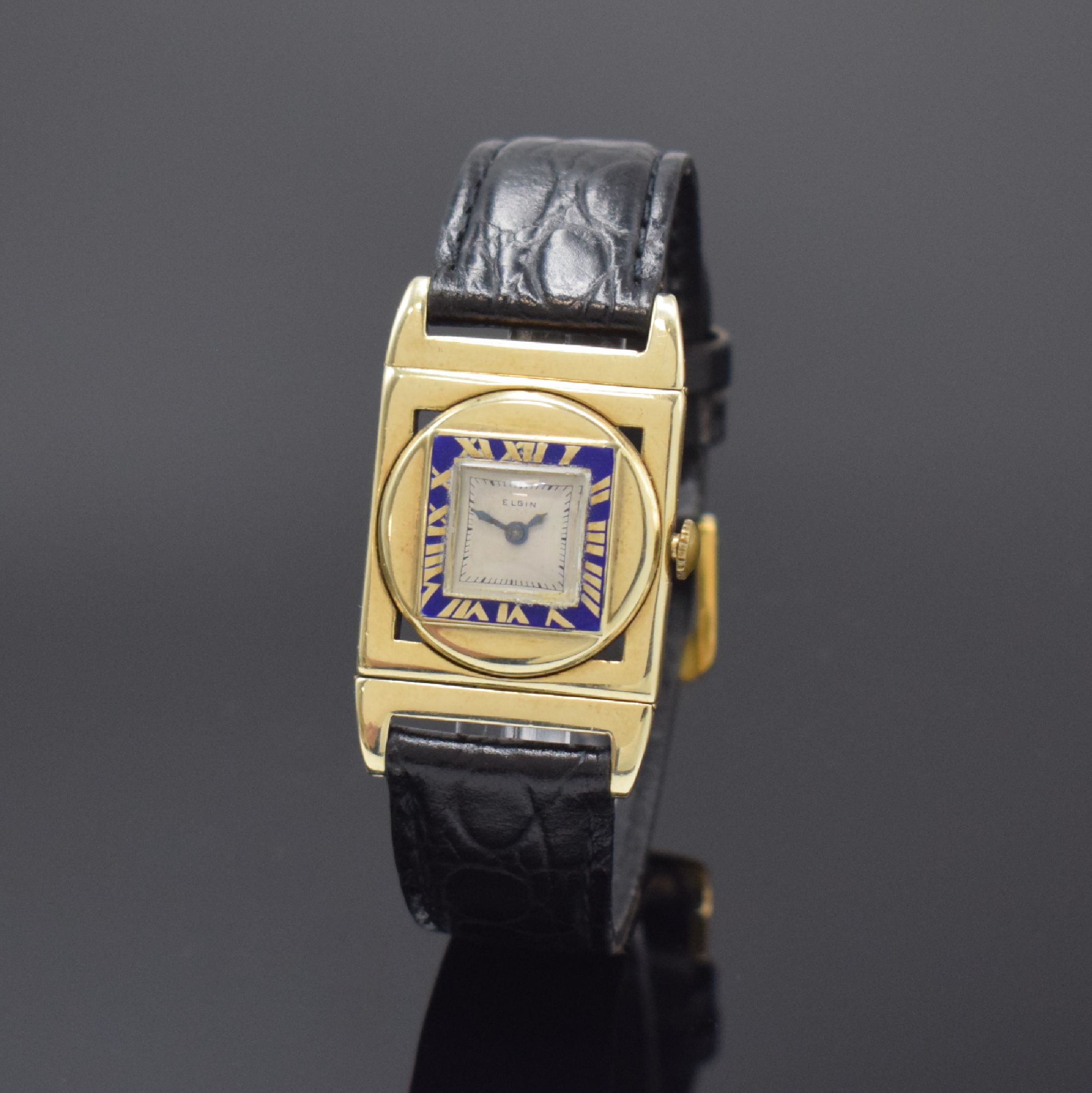 ELGIN Presentation 214 seltene Art-Deco Armbanduhr in GG 585/000, USA um 1928, Handaufzug, rechteckiges Geh. m. beweglichen Anstößen, quadratische, ...
