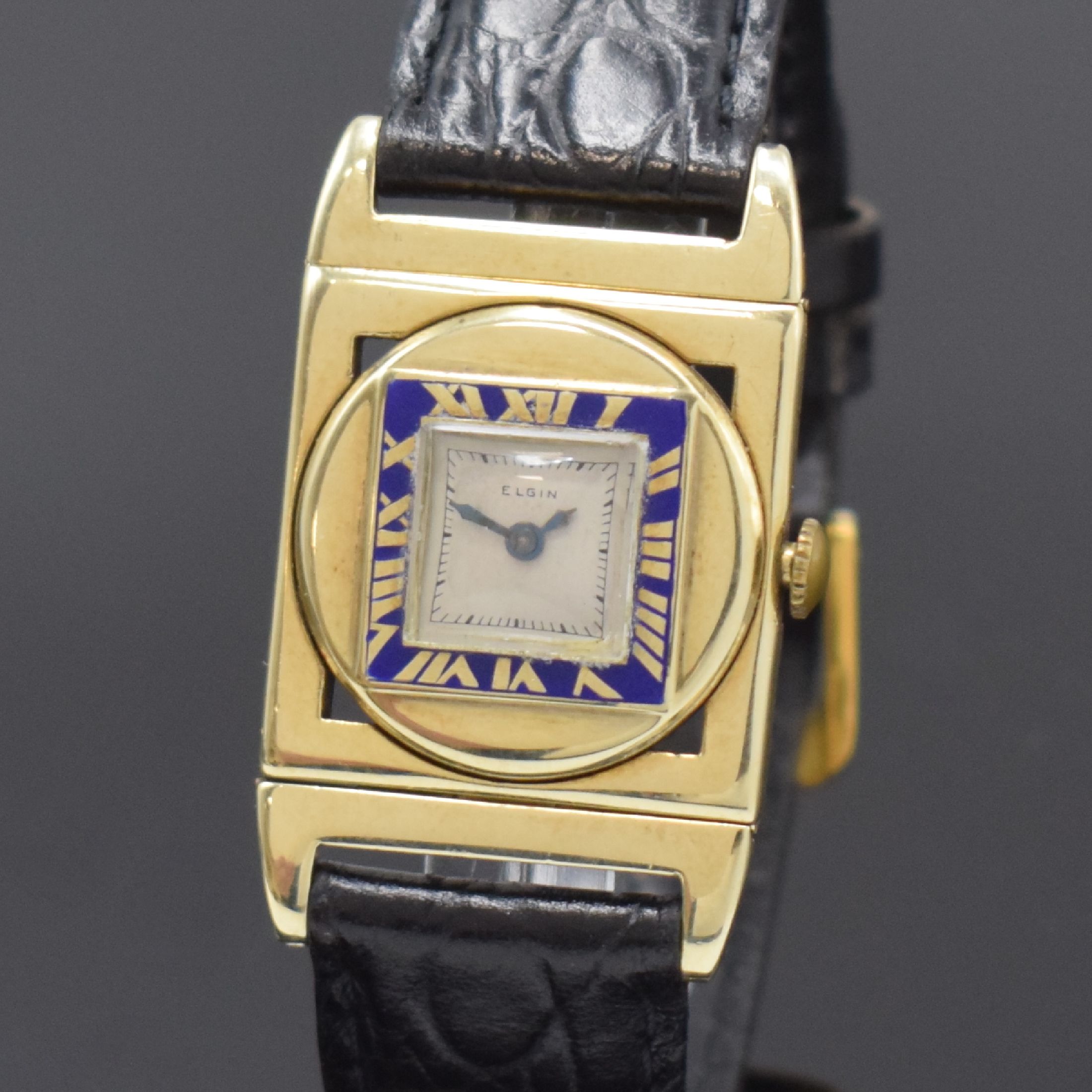 Detail a: ELGIN Presentation 214 seltene Art-Deco Armbanduhr in GG 585/000, USA um 1928, Handaufzug, rechteckiges Geh. m. beweglichen Anstößen, quadratische, ...