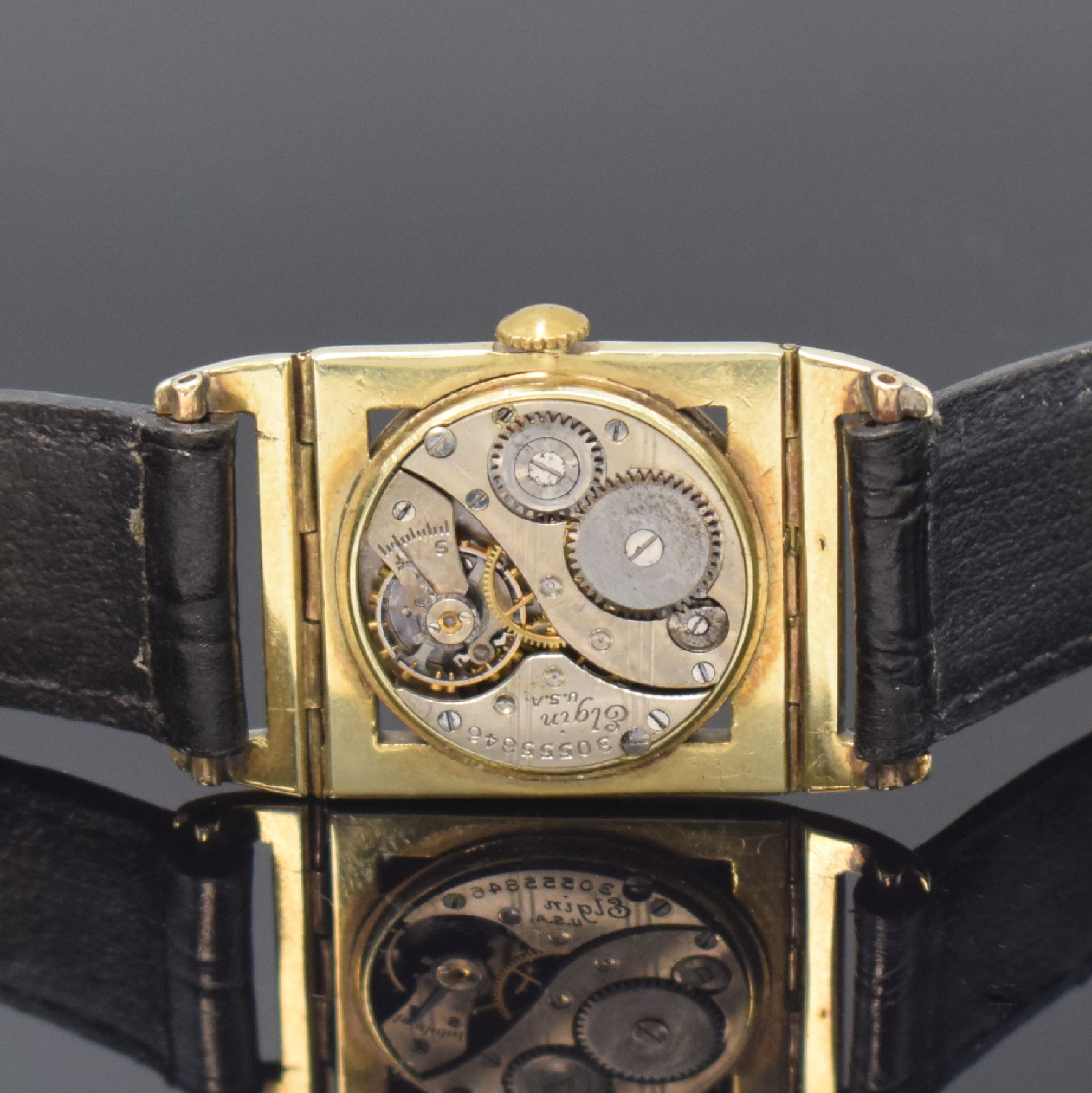 Detail d: ELGIN Presentation 214 seltene Art-Deco Armbanduhr in GG 585/000, USA um 1928, Handaufzug, rechteckiges Geh. m. beweglichen Anstößen, quadratische, ...