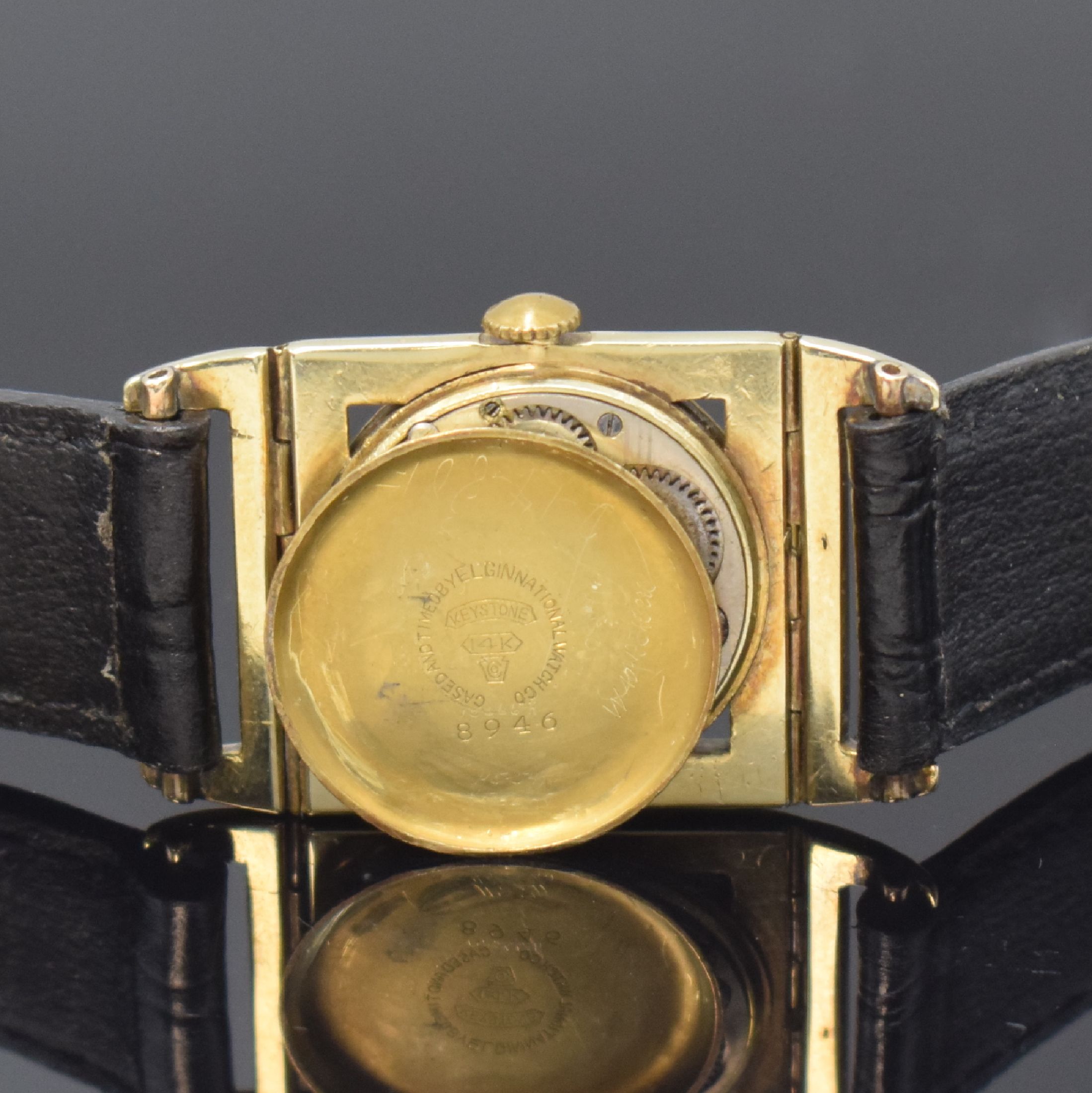 Detail e: ELGIN Presentation 214 seltene Art-Deco Armbanduhr in GG 585/000, USA um 1928, Handaufzug, rechteckiges Geh. m. beweglichen Anstößen, quadratische, ...