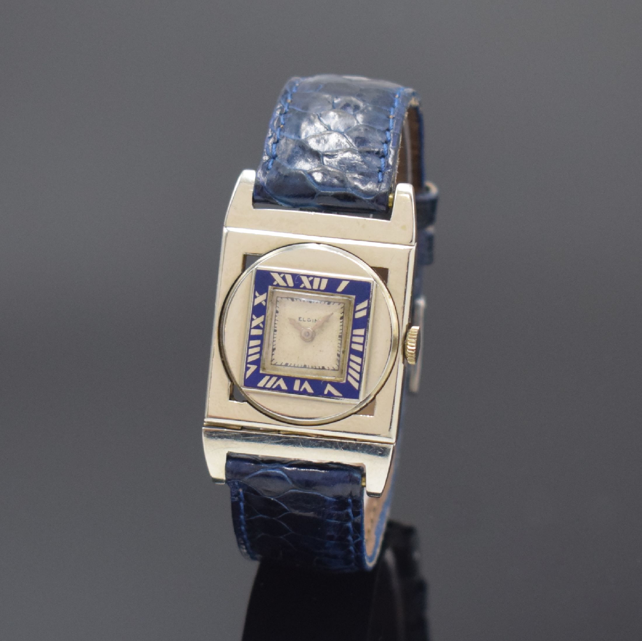 ELGIN Presentation sehr seltene Art-Deco Armbanduhr in WG 585/000, USA um 1928, Handaufzug, rechteckiges Geh. m. beweglichen Bandanstößen, ...