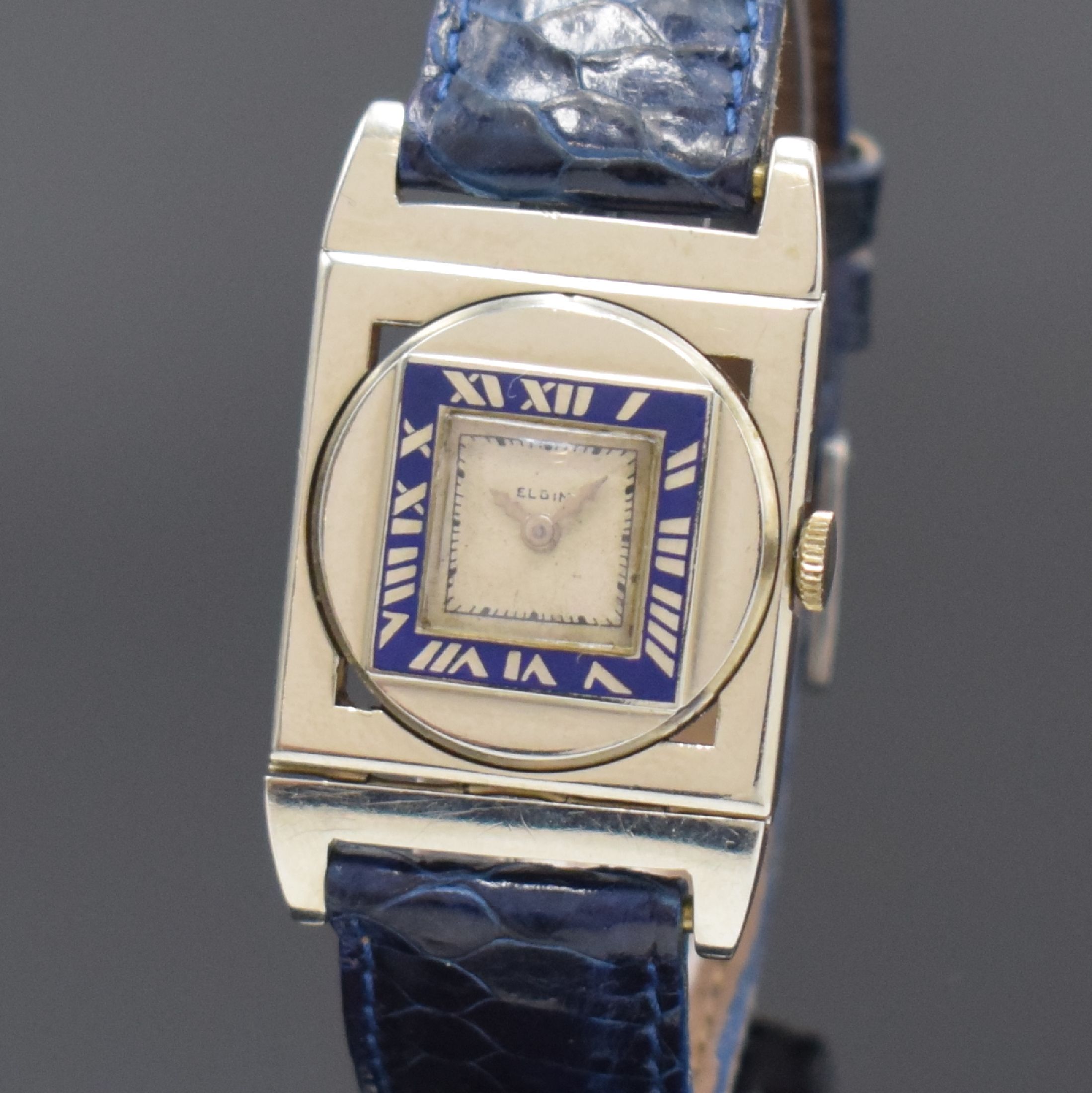 Detail a: ELGIN Presentation sehr seltene Art-Deco Armbanduhr in WG 585/000, USA um 1928, Handaufzug, rechteckiges Geh. m. beweglichen Bandanstößen, ...