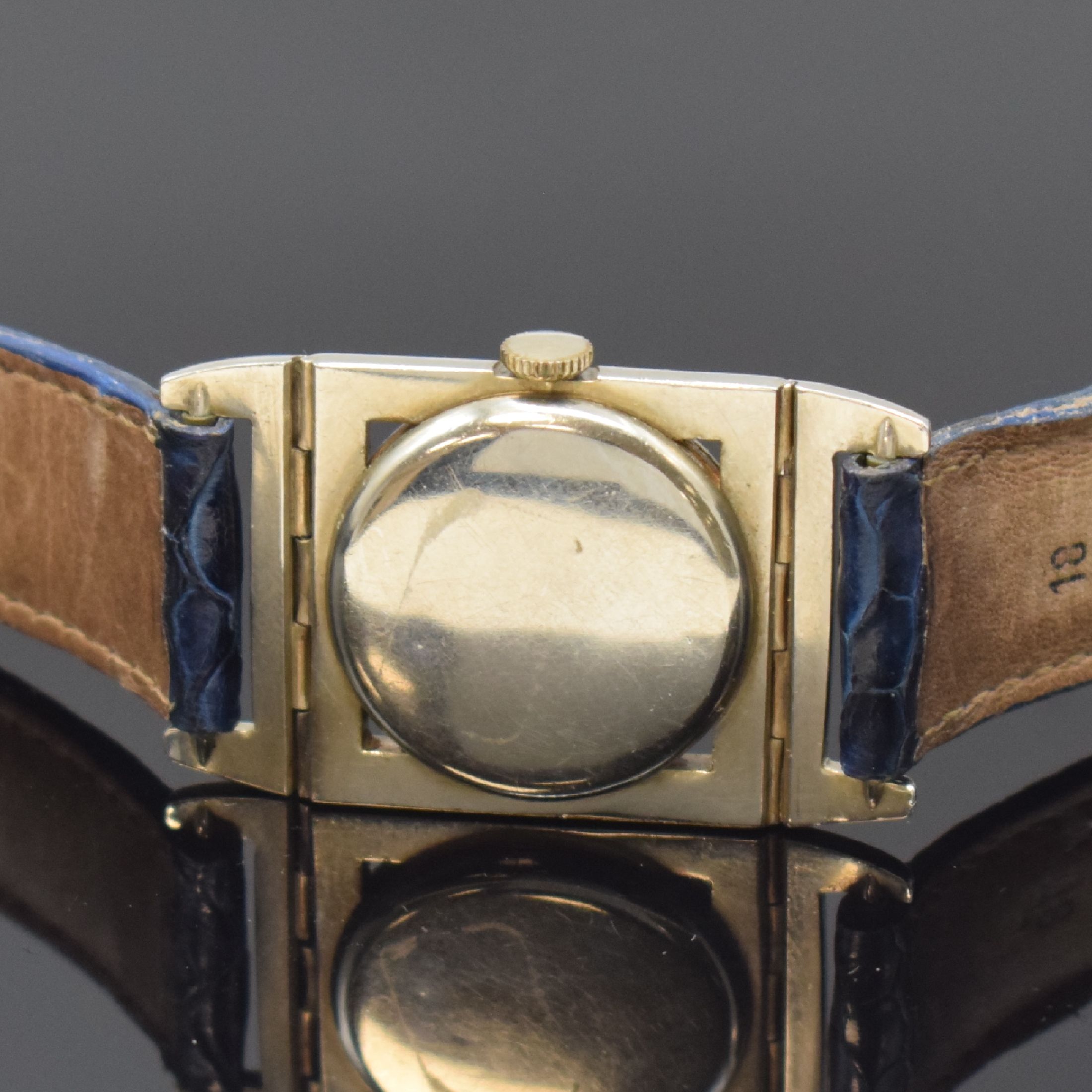 Detail c: ELGIN Presentation sehr seltene Art-Deco Armbanduhr in WG 585/000, USA um 1928, Handaufzug, rechteckiges Geh. m. beweglichen Bandanstößen, ...