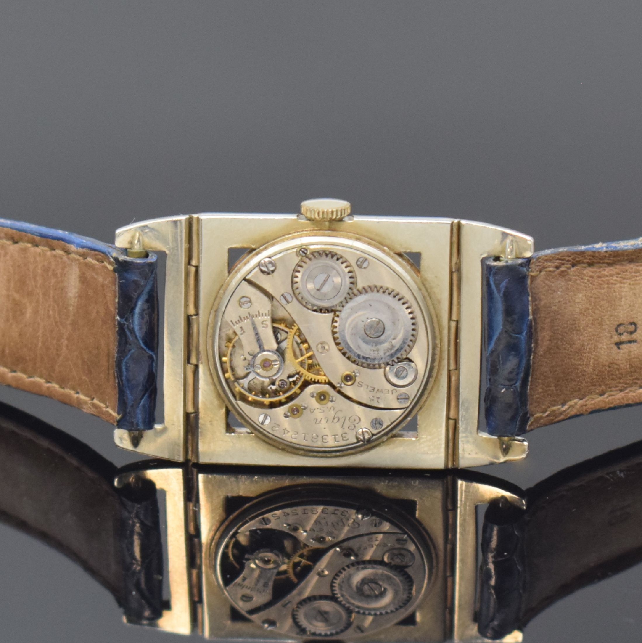 Detail d: ELGIN Presentation sehr seltene Art-Deco Armbanduhr in WG 585/000, USA um 1928, Handaufzug, rechteckiges Geh. m. beweglichen Bandanstößen, ...