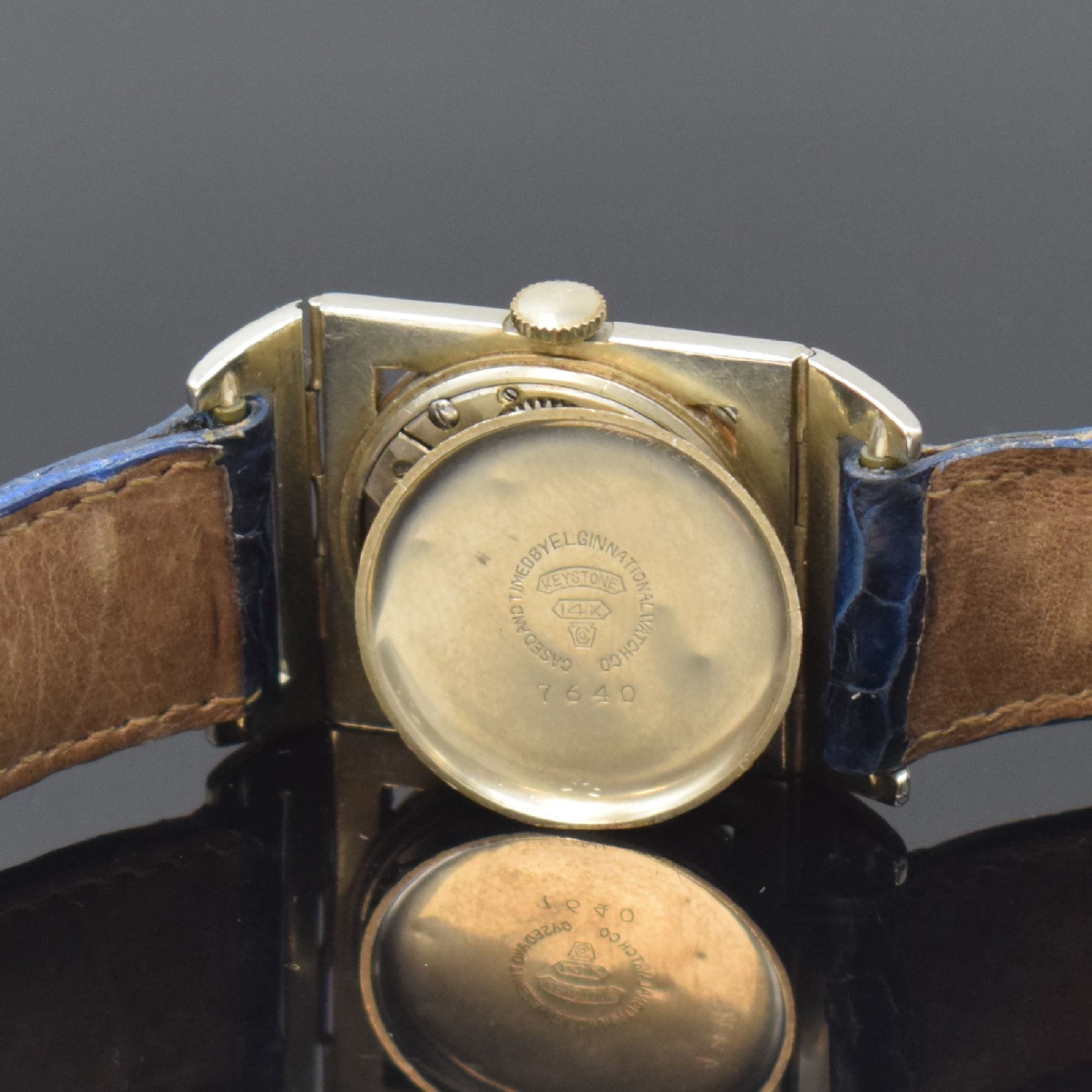 Detail e: ELGIN Presentation sehr seltene Art-Deco Armbanduhr in WG 585/000, USA um 1928, Handaufzug, rechteckiges Geh. m. beweglichen Bandanstößen, ...