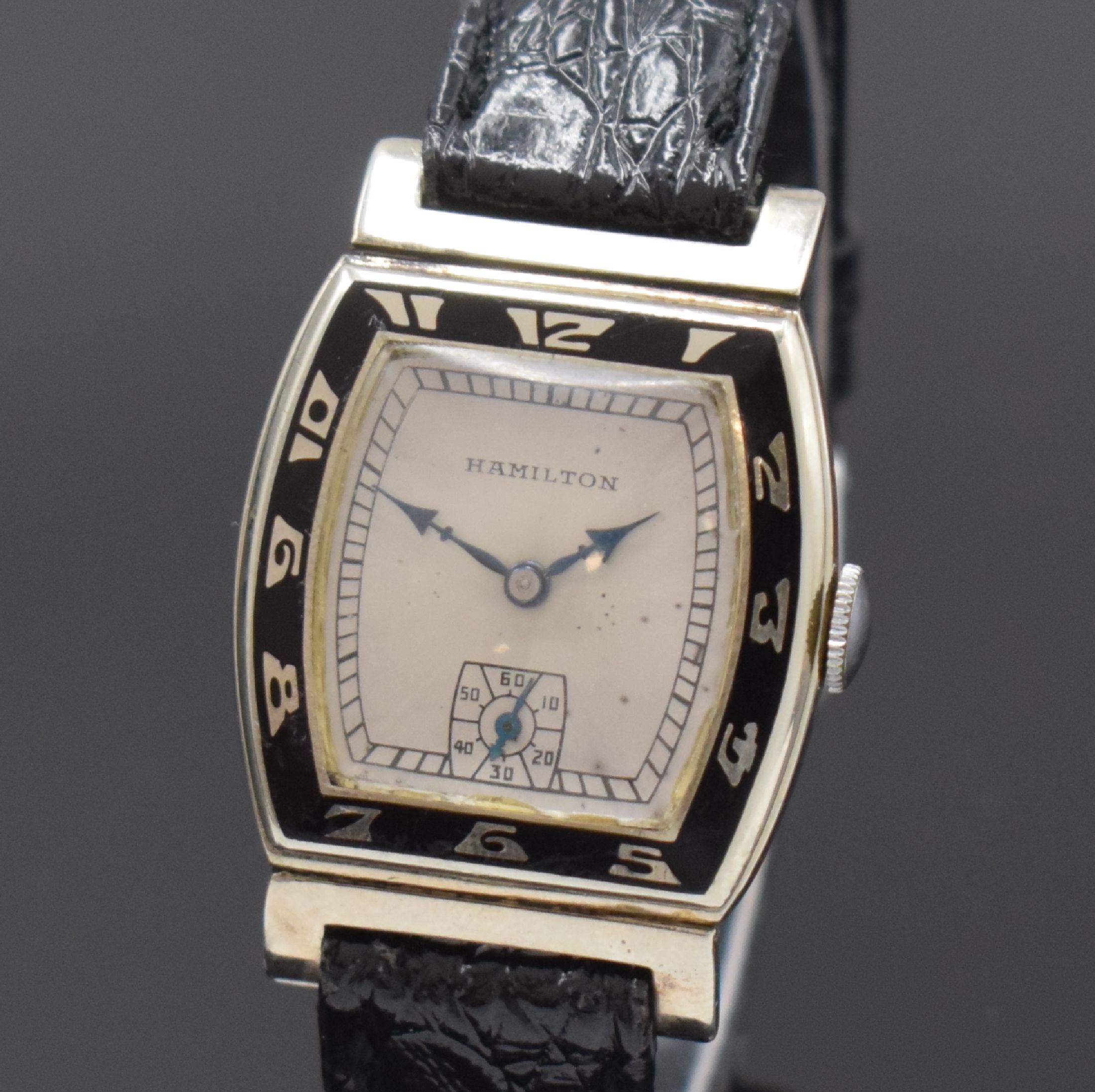 Detail a: HAMILTON Coronado seltene Art-Deco Armbanduhr in 14k Weißgold, USA um 1930, Handaufzug, Tonneau-Geh. m. beweglichen Anstößen, in schwarzer ...