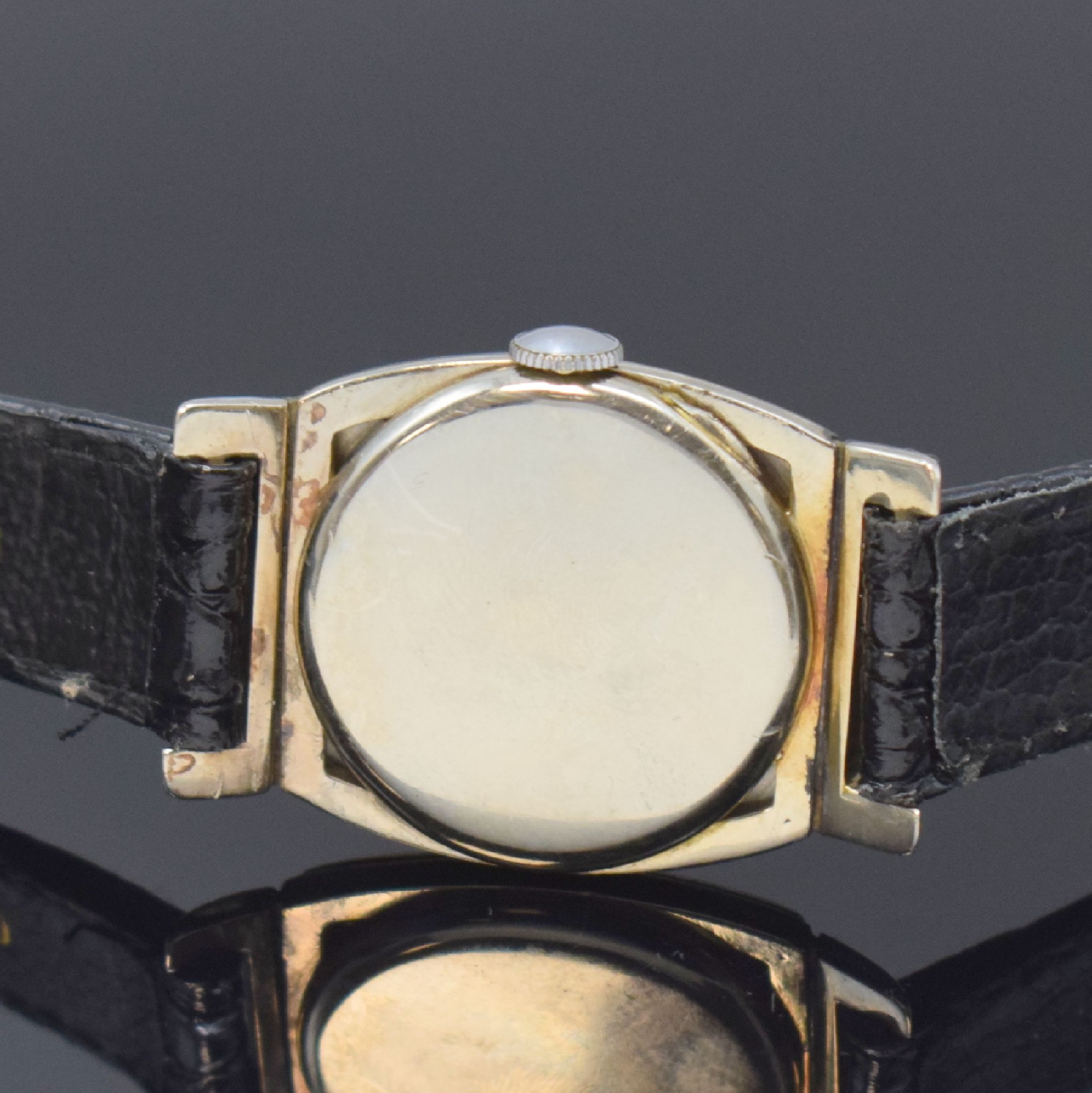Detail c: HAMILTON Coronado seltene Art-Deco Armbanduhr in 14k Weißgold, USA um 1930, Handaufzug, Tonneau-Geh. m. beweglichen Anstößen, in schwarzer ...