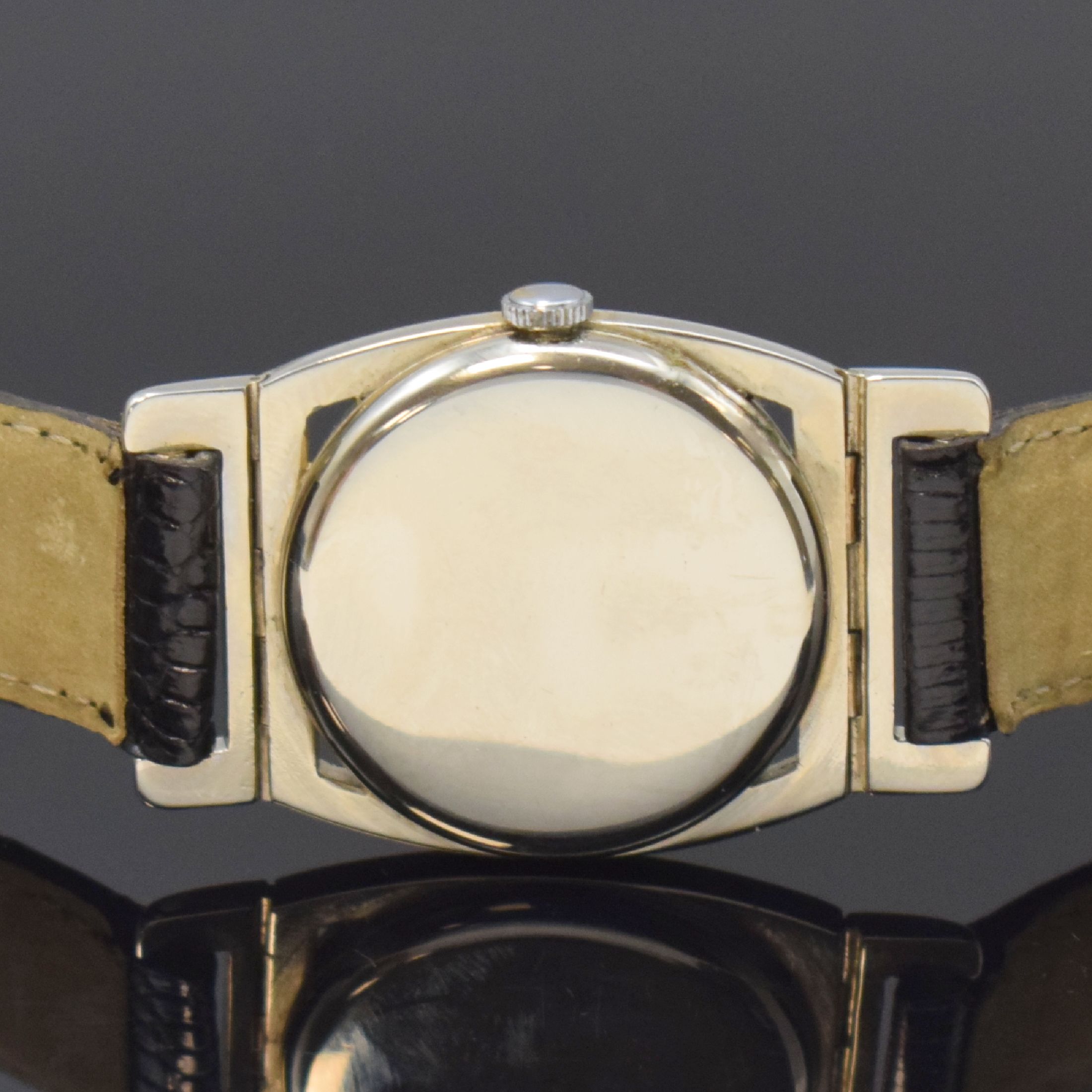 Detail c: HAMILTON Piping Rock seltene Art-Deco Armbanduhr in WG 585/000, USA um 1930, Handaufzug, Tonneau-Geh. m. beweglichen Anstößen, in schwarz ...
