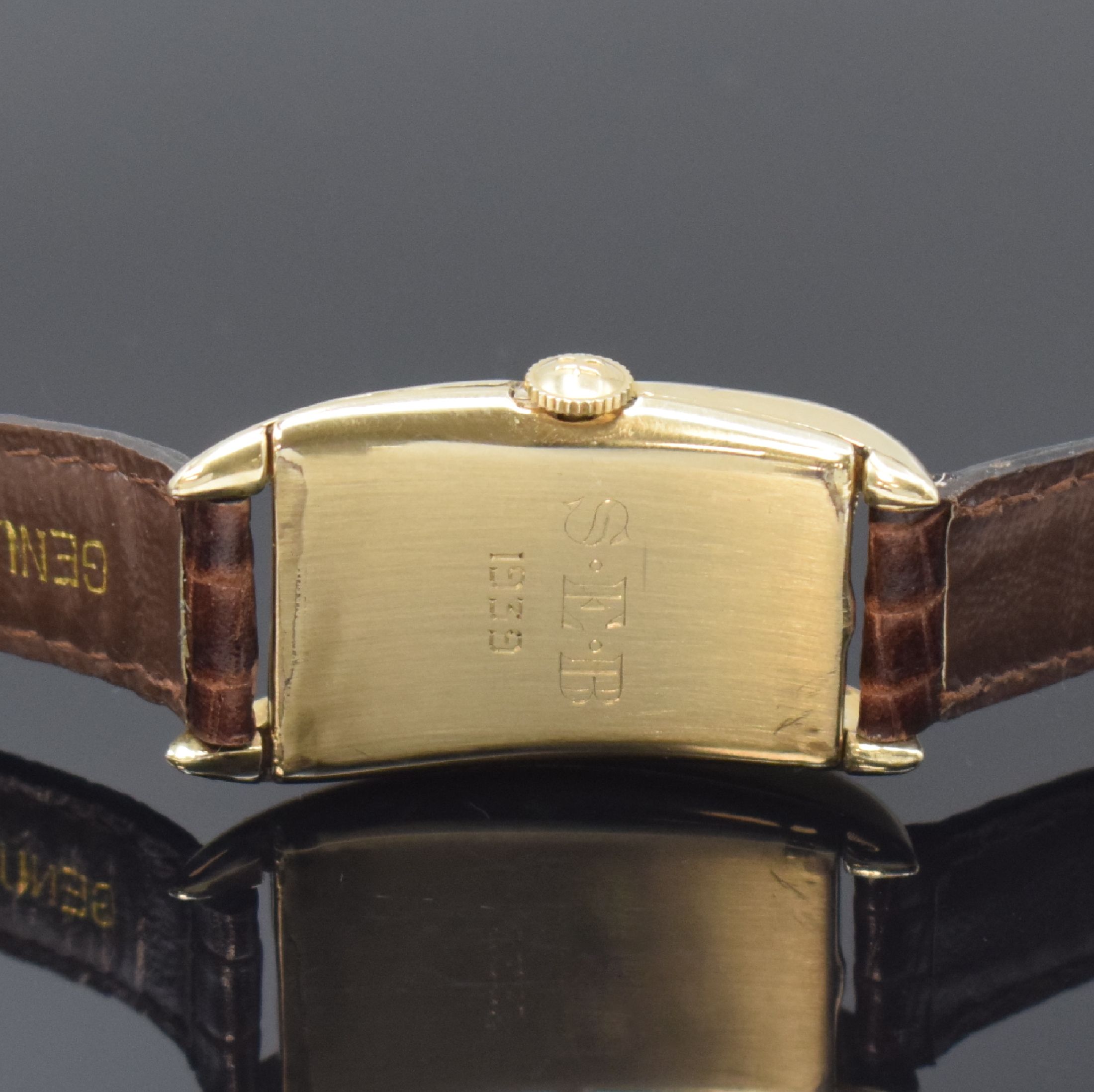Detail c: HAMILTON Brooke seltene asymmetrische Armbanduhr in 14k Goldfilled, USA um 1939, Handaufzug, 2-tlg. Geh., Boden m. Monogramm- Grav. aufgedr., silb. ...